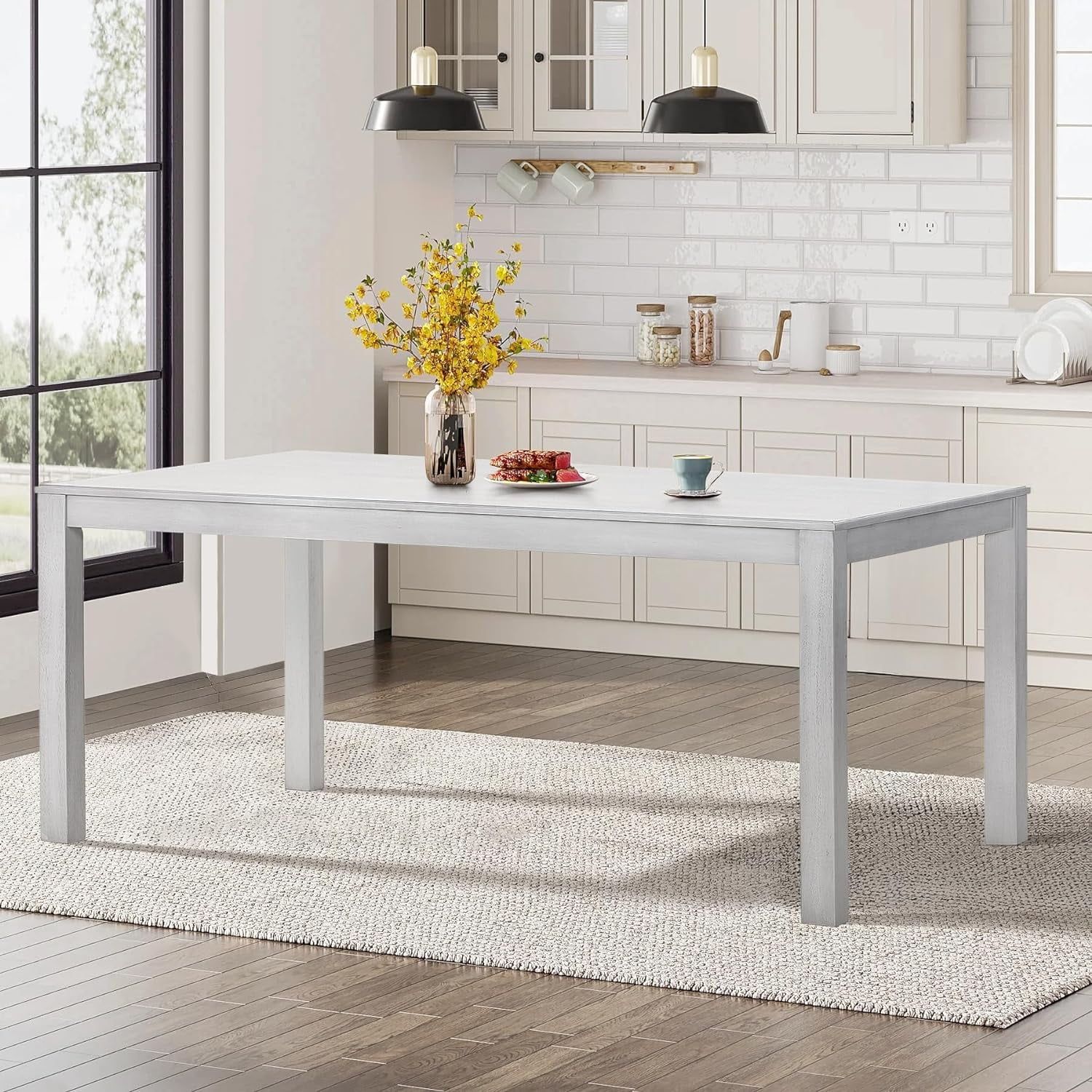 White Reclaimed Wood Farmhouse Dining Table for Six