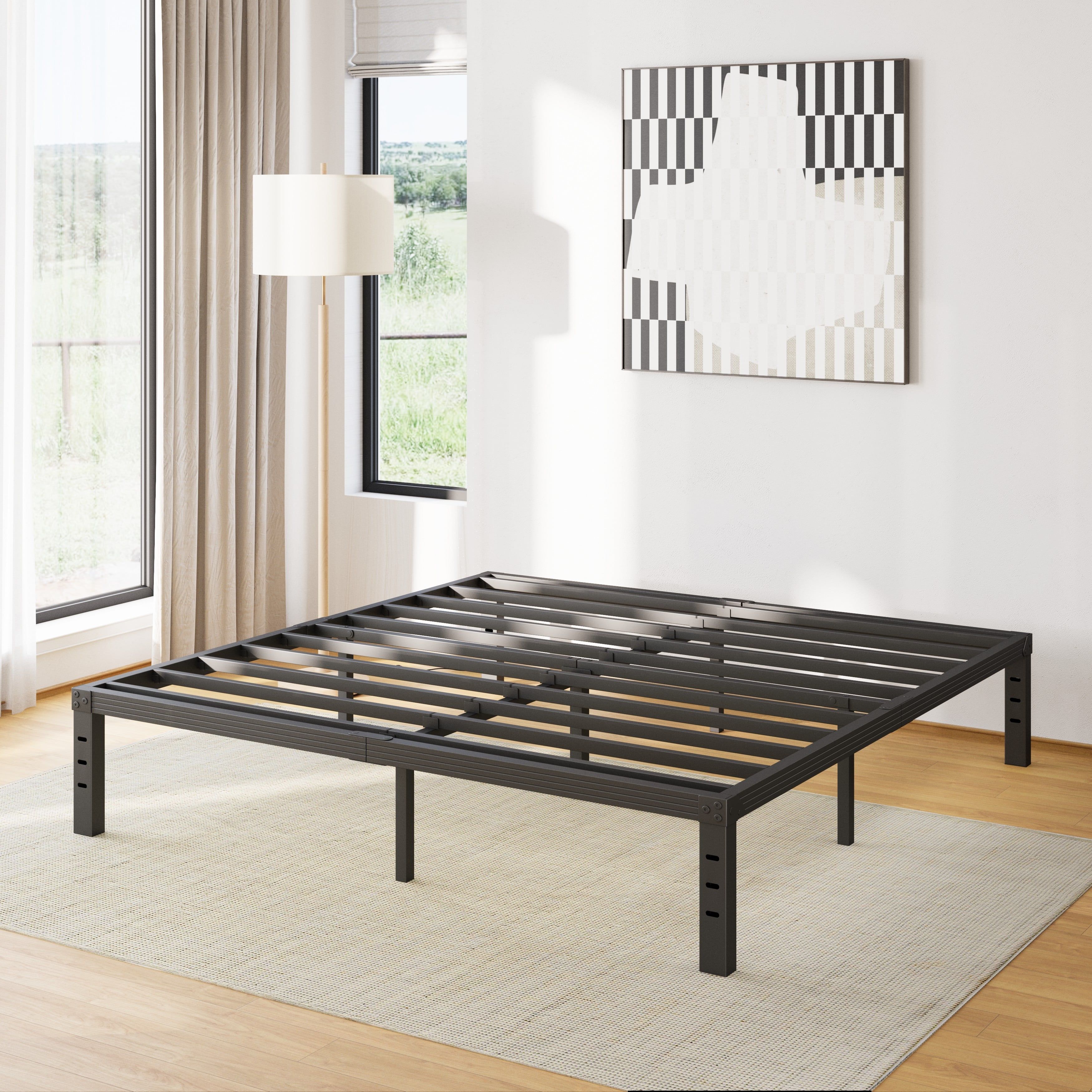 14-Inch Black Metal Queen Platform Bed Frame with Slats