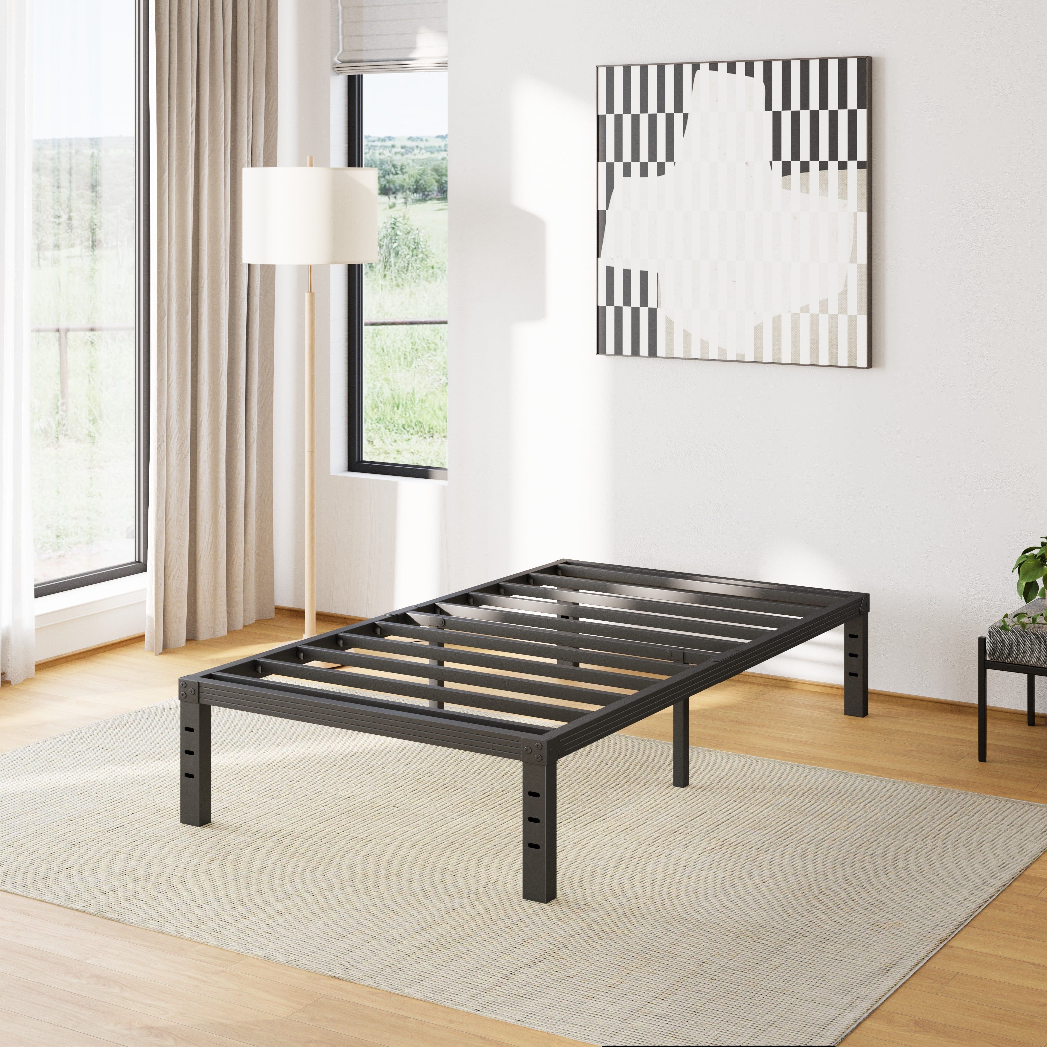 Black Twin Metal Bed Frame with Drawer and Slats