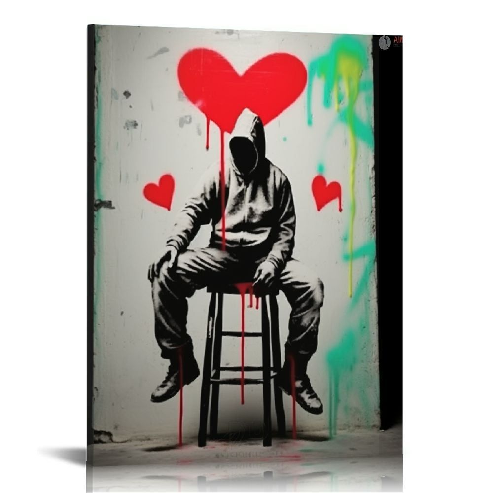 Banksy Inspired Red Heart Abstract Framed Canvas Print 12" x 16"