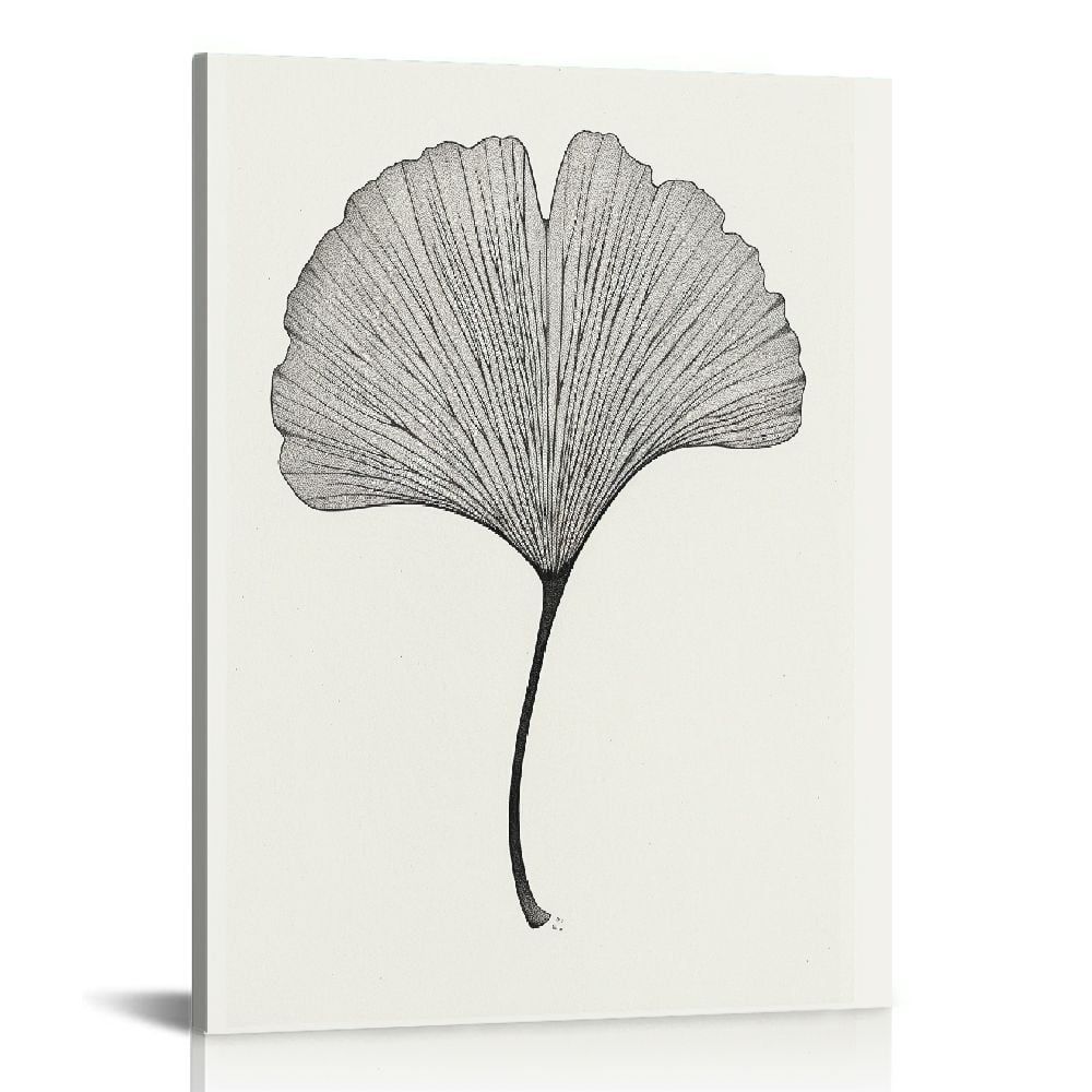 Ginkgo Leaf Black and White Botanical Print in Oak Frame