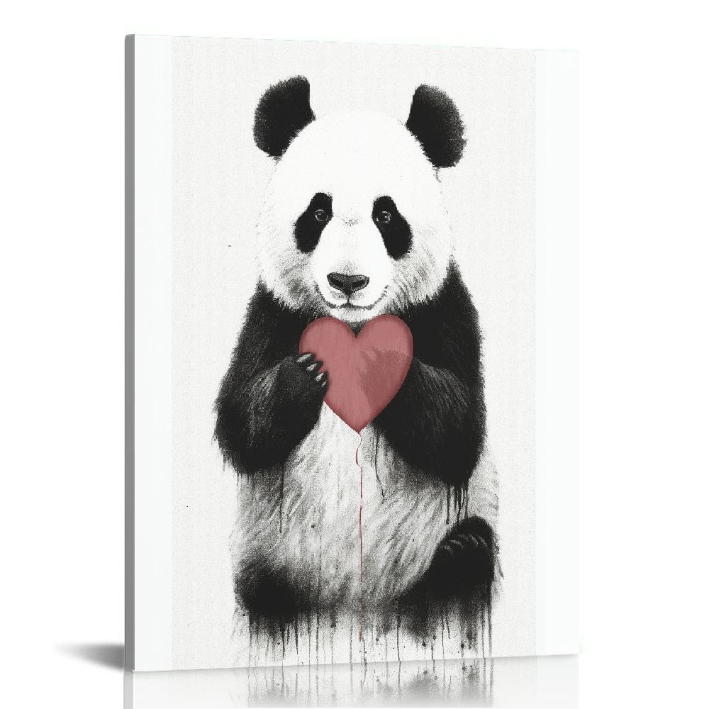 Black and White Panda Bear Heart Canvas Art, 16 x 20