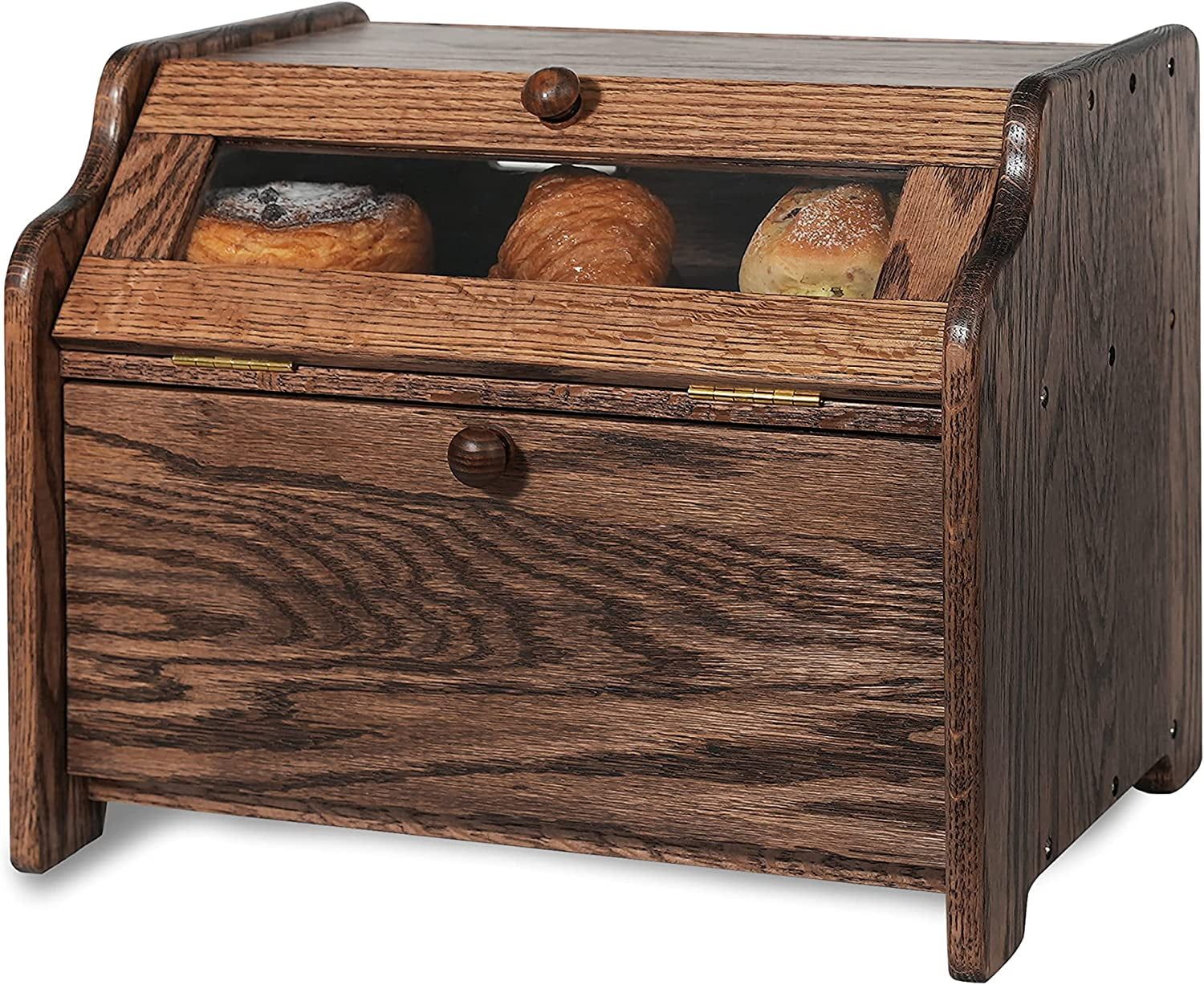 Chocolate Double Layer Solid Oak Bread Box with Clear Window