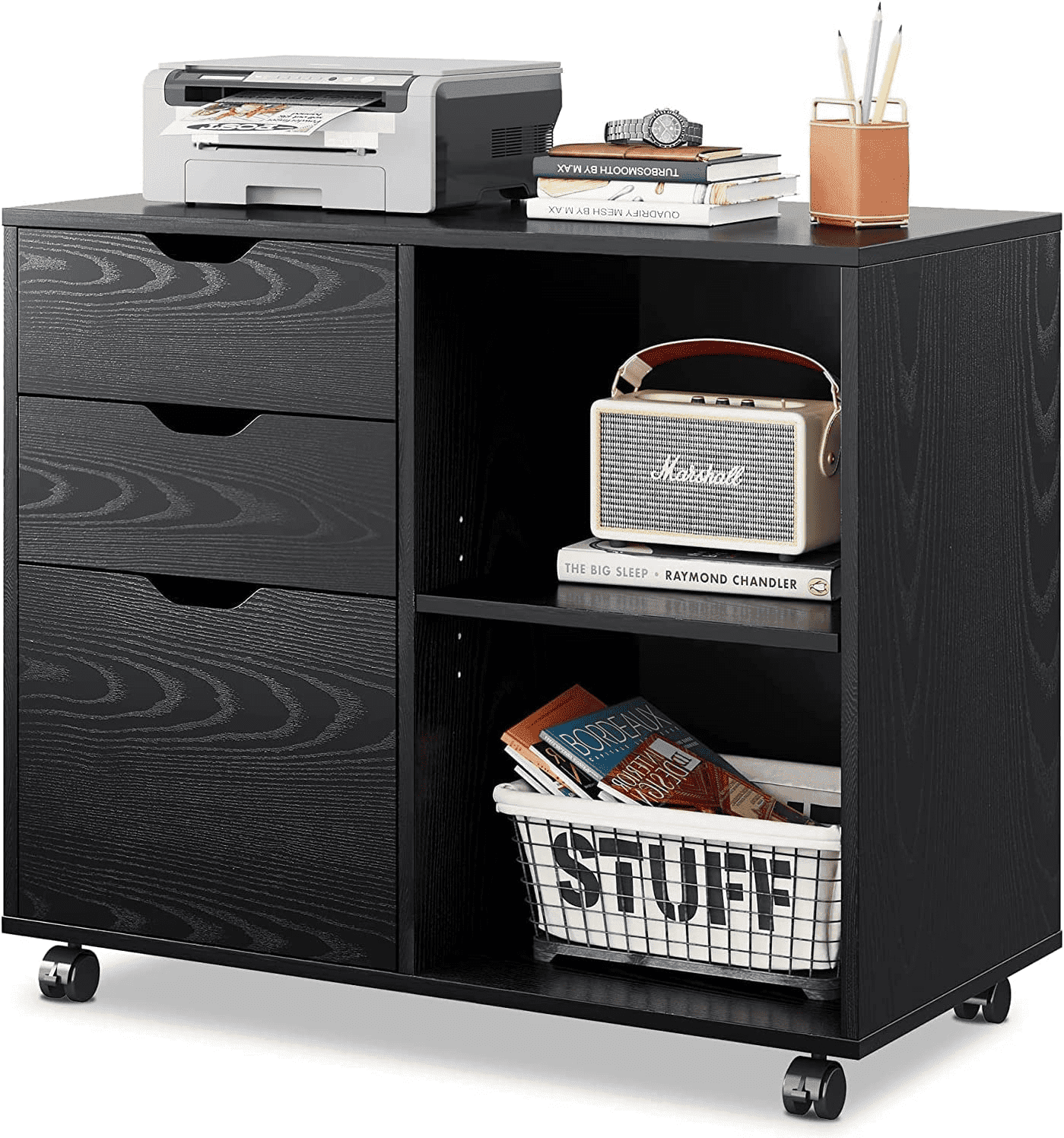 Black Wood 3-Drawer Mobile Filing Cabinet with Open Shelves