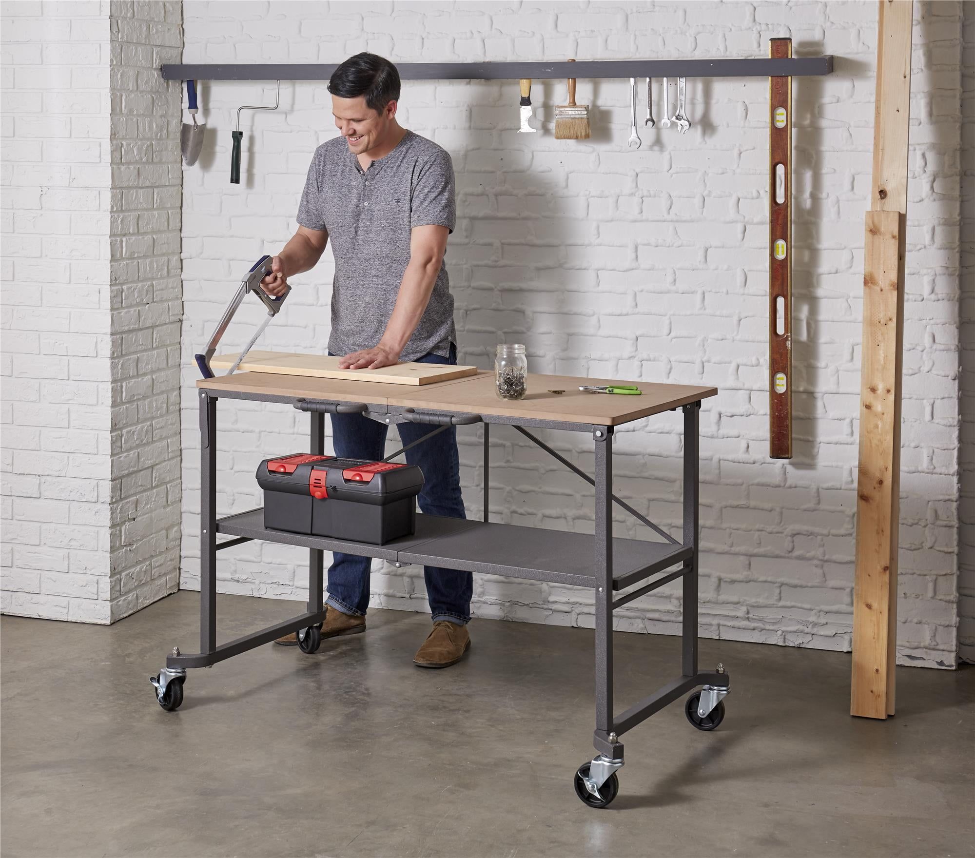 COSCO SmartFold Gray Steel Portable Workbench with Locking Casters