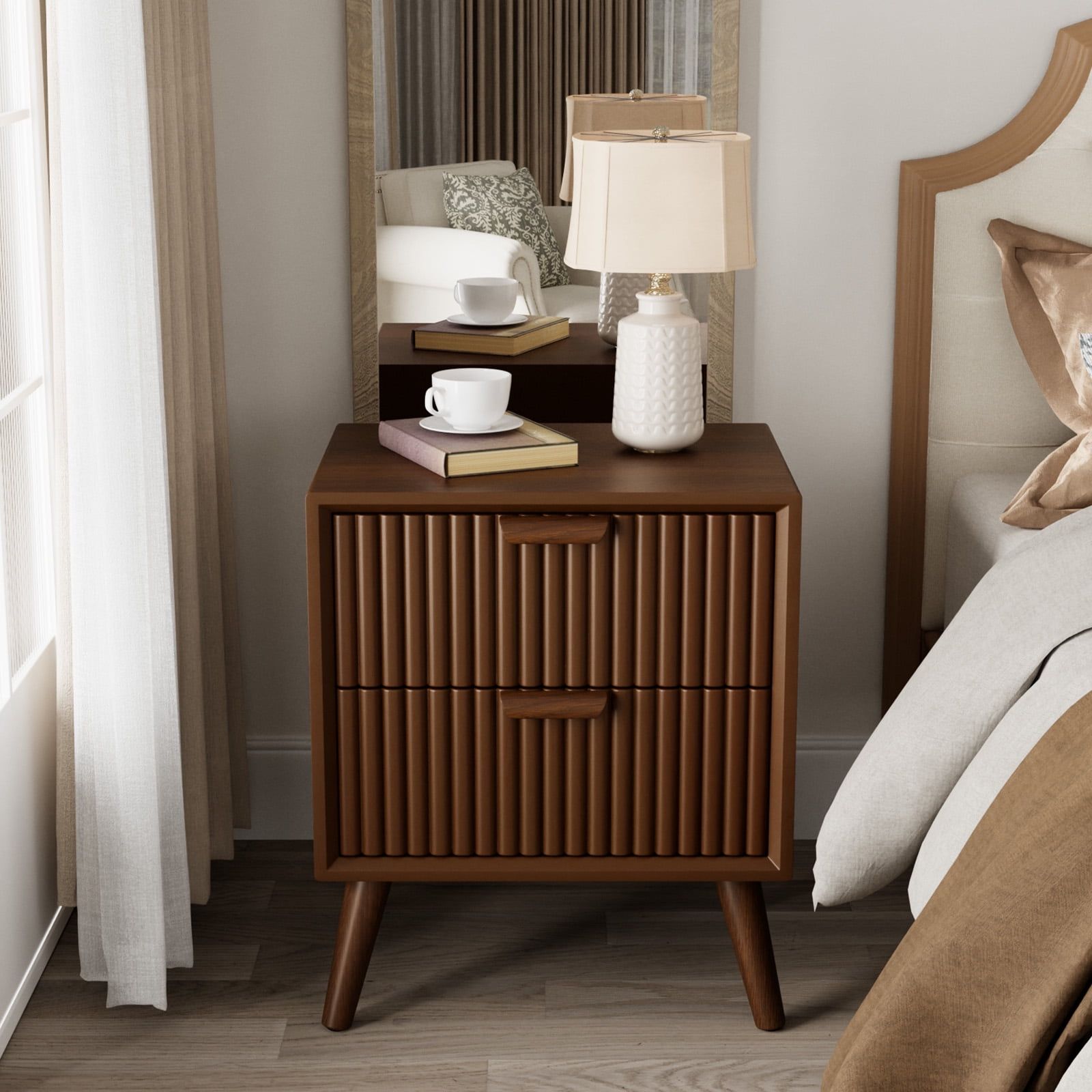 Vintage-Inspired Brown Solid Wood Nightstand with Modern Stripe Drawer