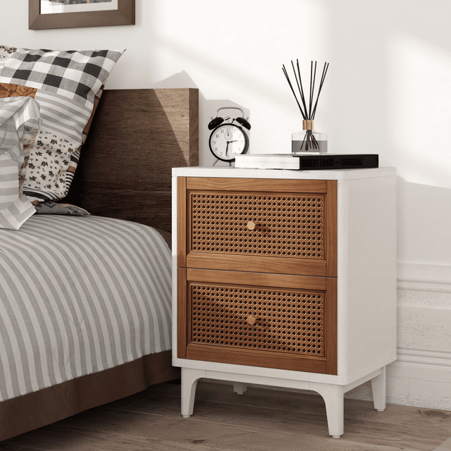 White and Brown 2-Drawer Cane Front Nightstand with Brass Knobs