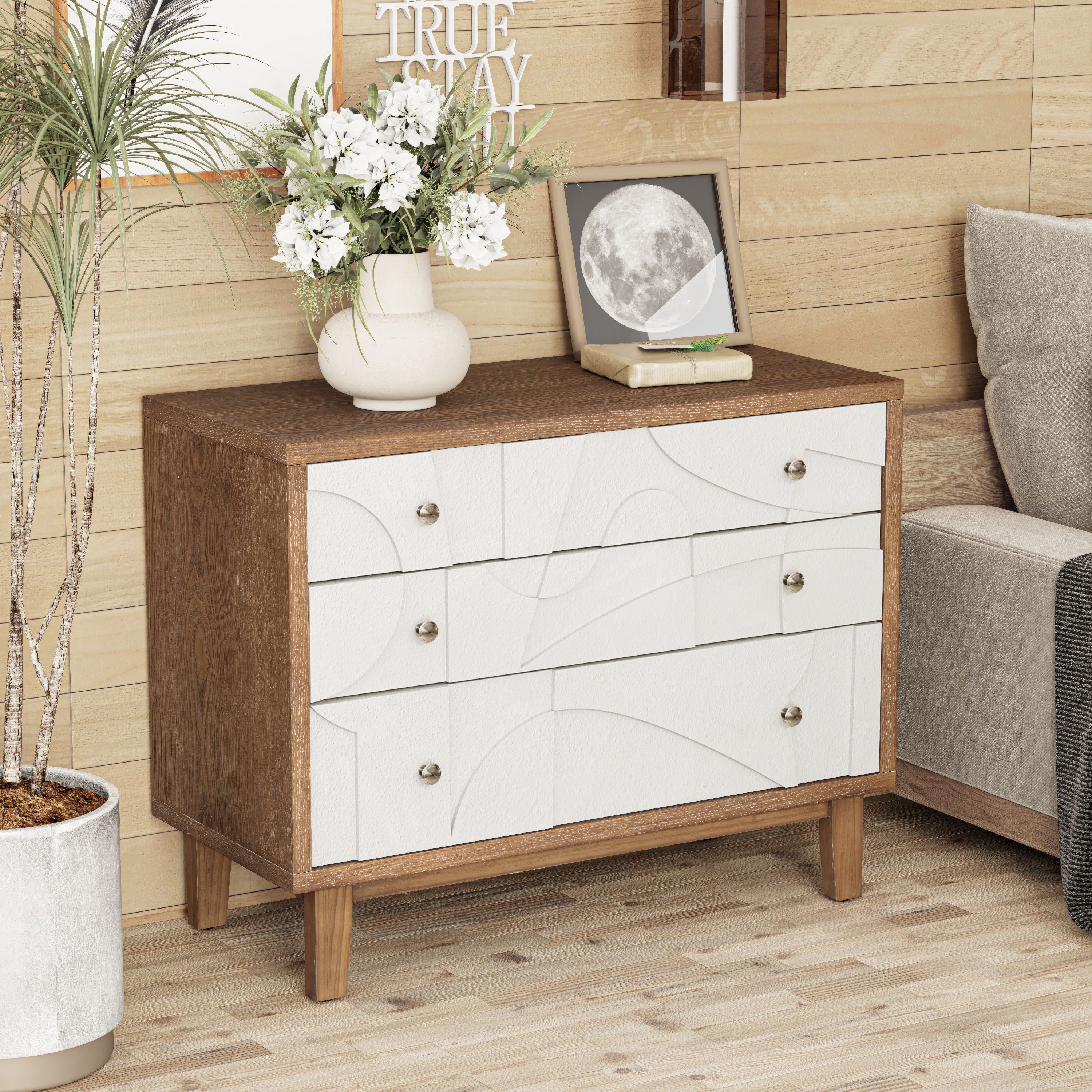 White and Natural Wood Farmhouse 3-Drawer Dresser with Geometric Pattern