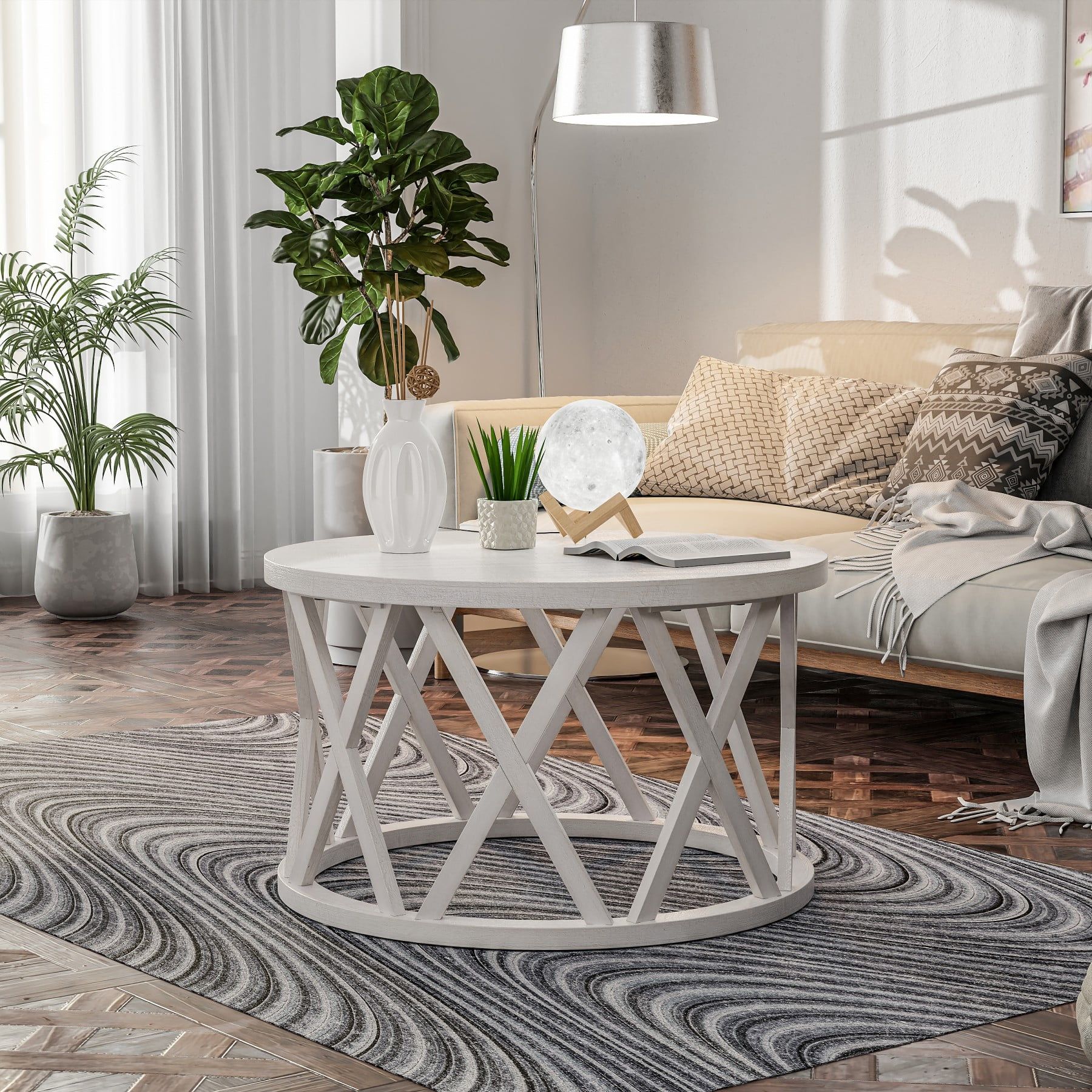 Antique White Round Wood Coffee Table with X-Motifs