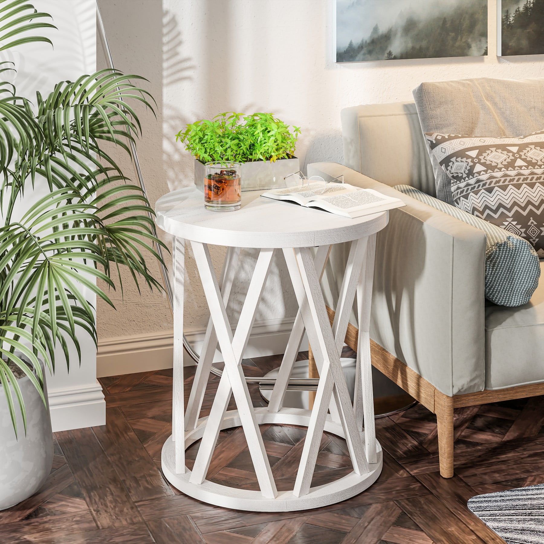 Antique White Round Wood Farmhouse End Table with X-Motifs