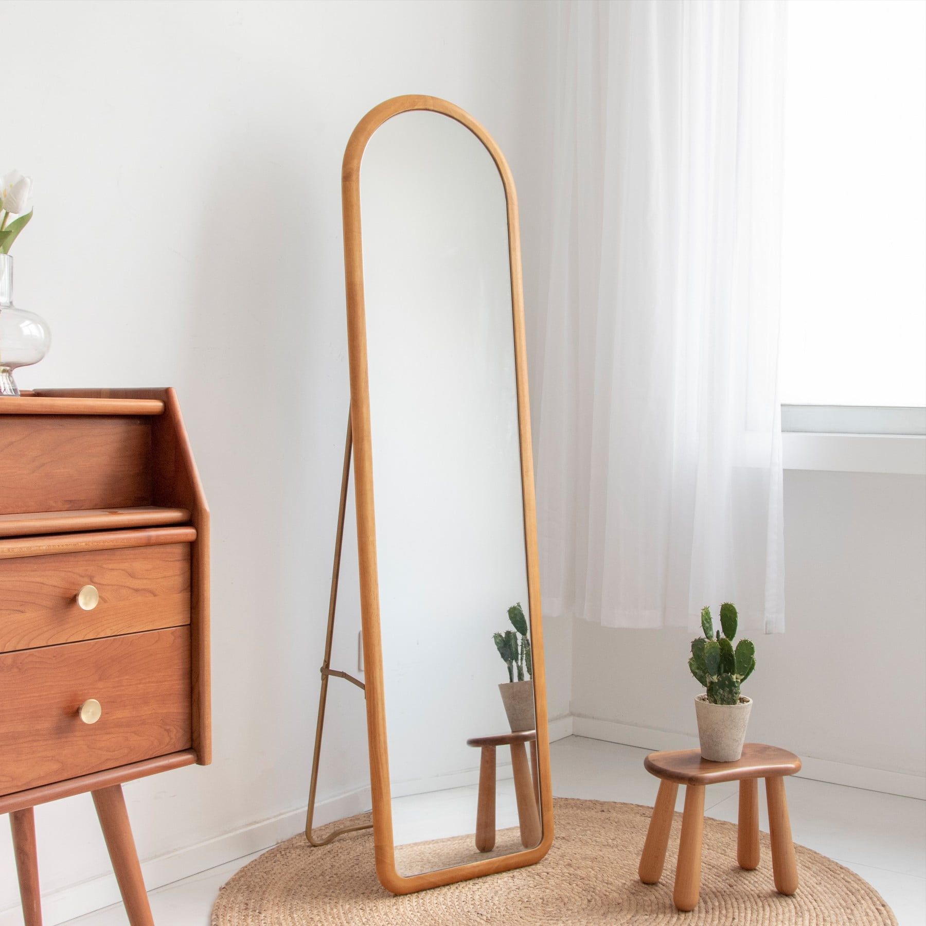 Arched Yellow Brown Full Length Standing Mirror with Wood Frame