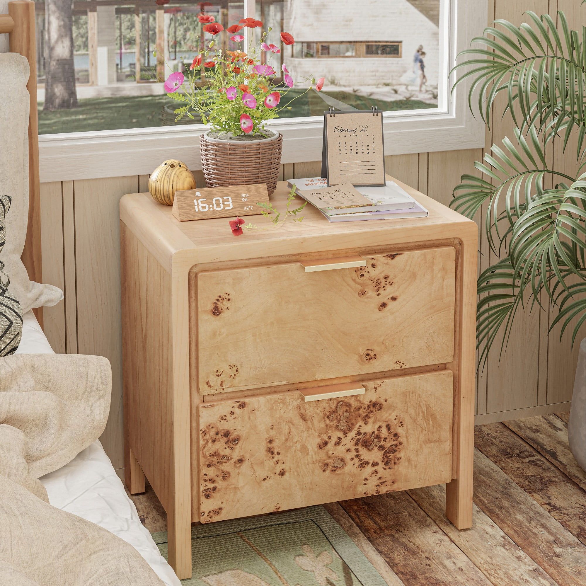 Natural Wood 2-Drawer Rustic Farmhouse Nightstand