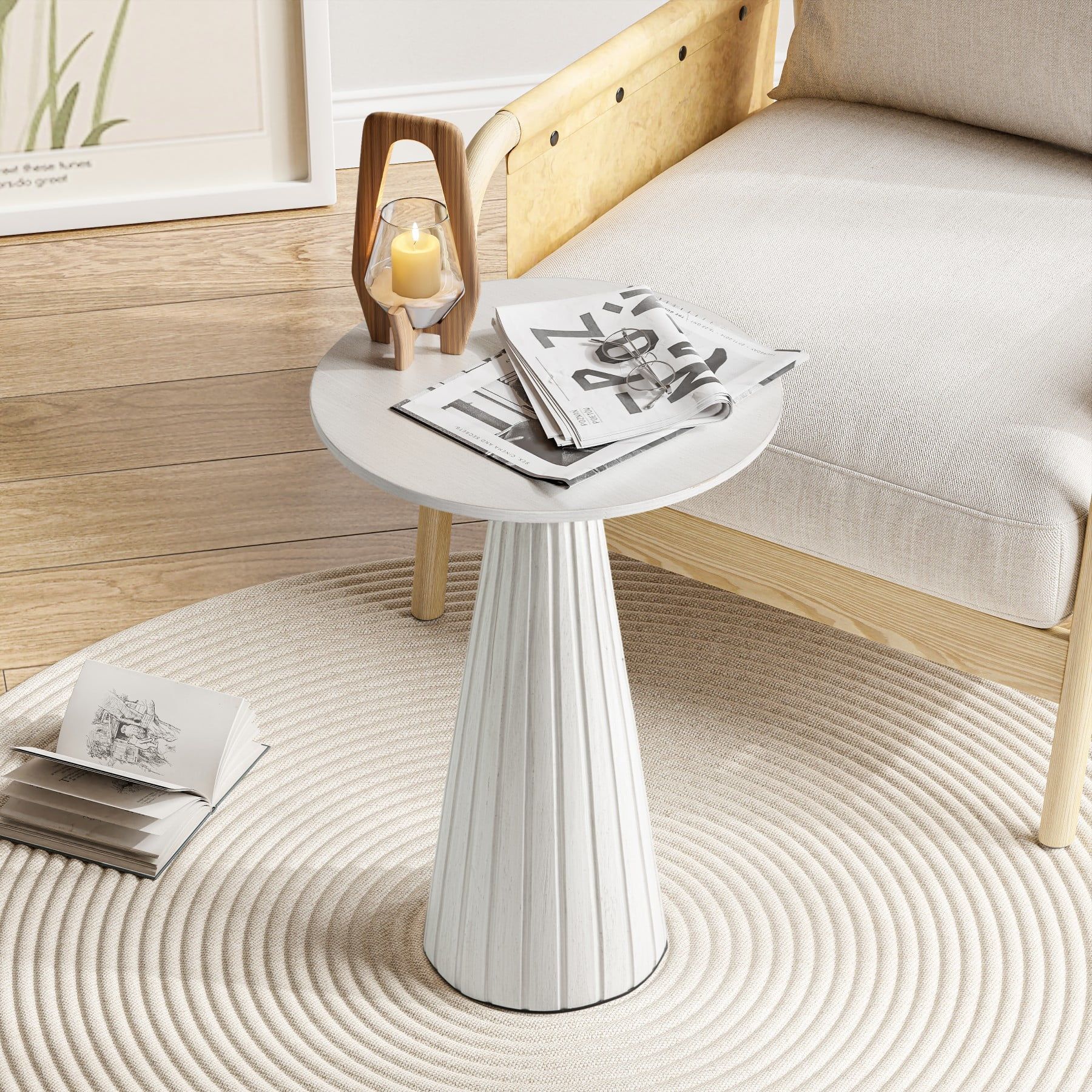 White Wood Pedestal Round End Table for Small Spaces