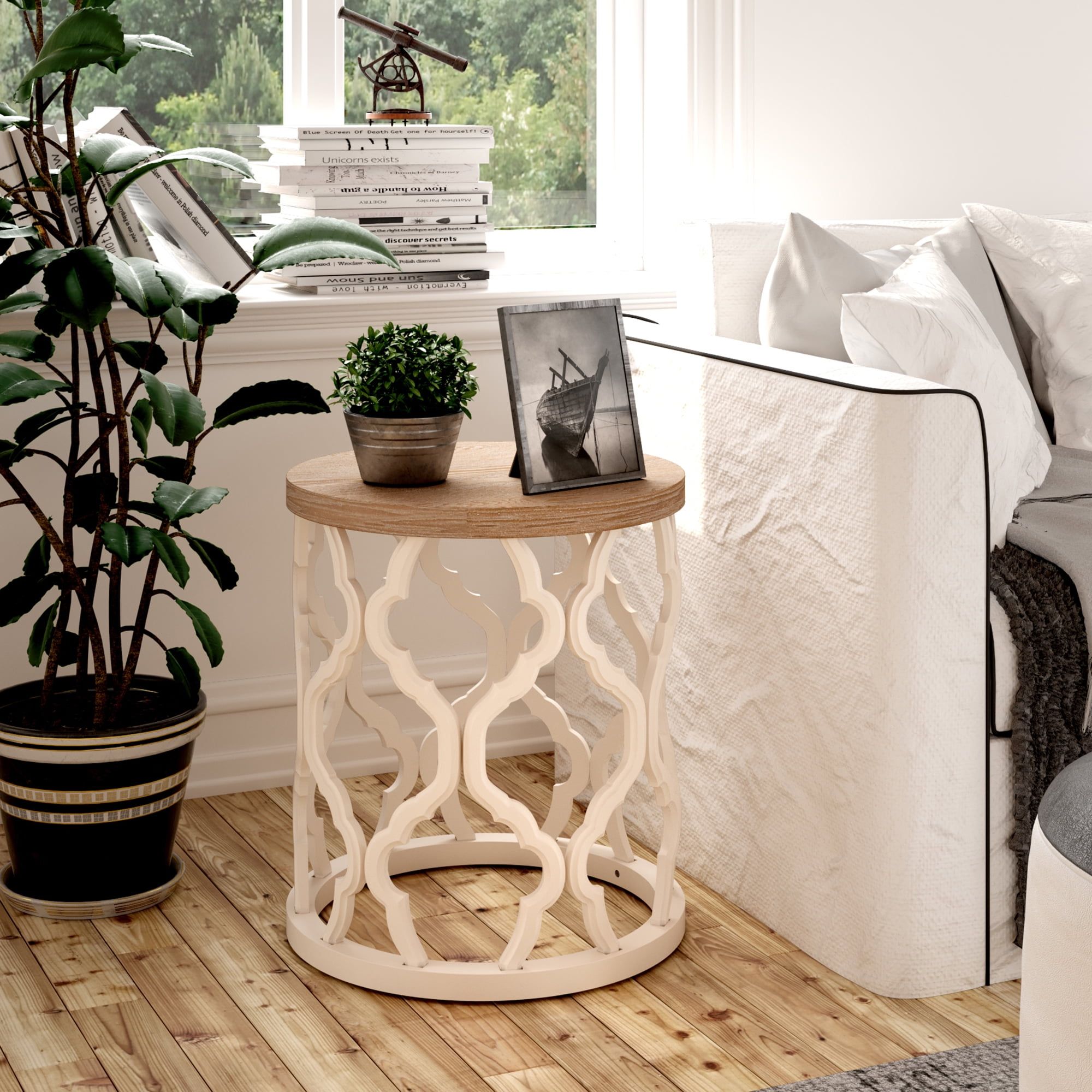 Rustic Round White Base End Table with Natural Wood Top