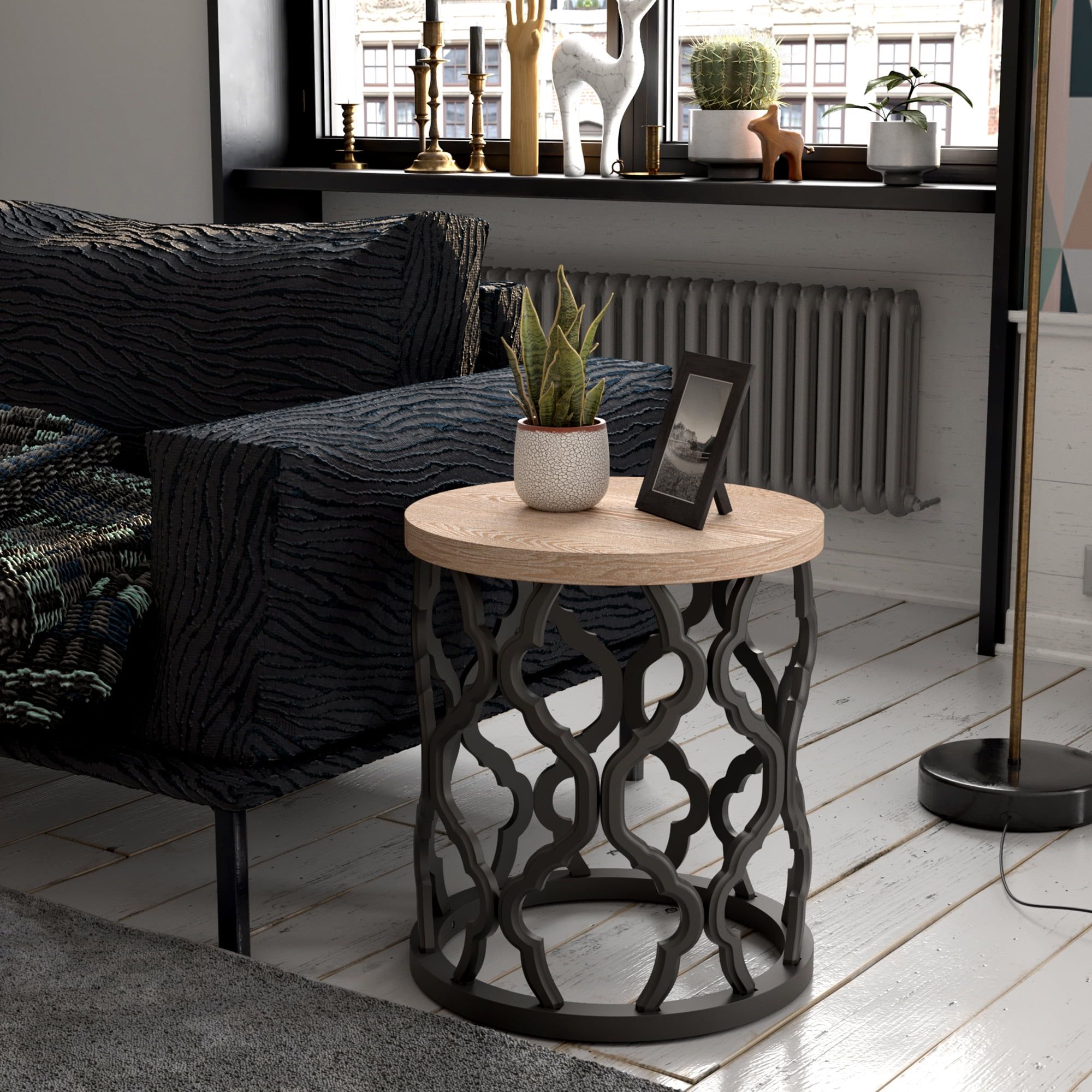 Rustic Round Black Base End Table with Distressed Wood Top