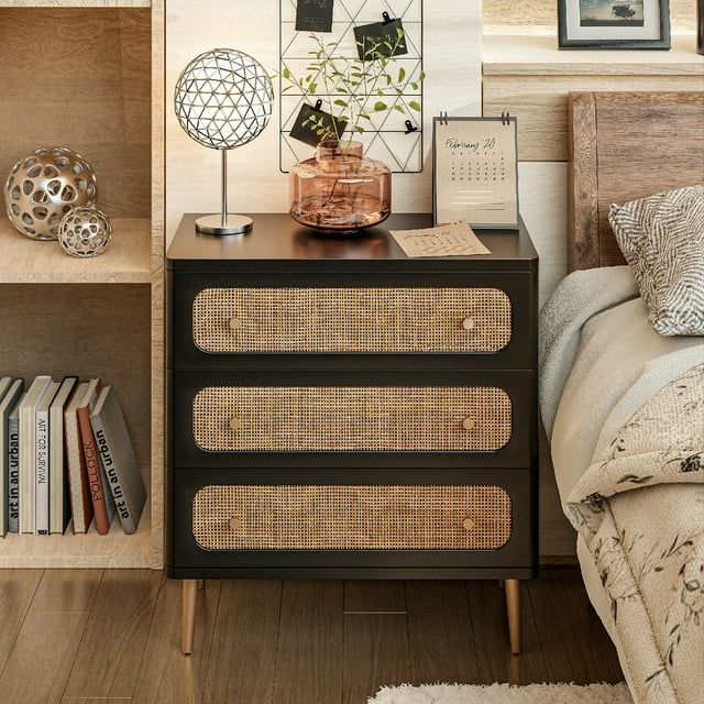 Black Wicker Rattan 3-Drawer Chest with Wooden Legs