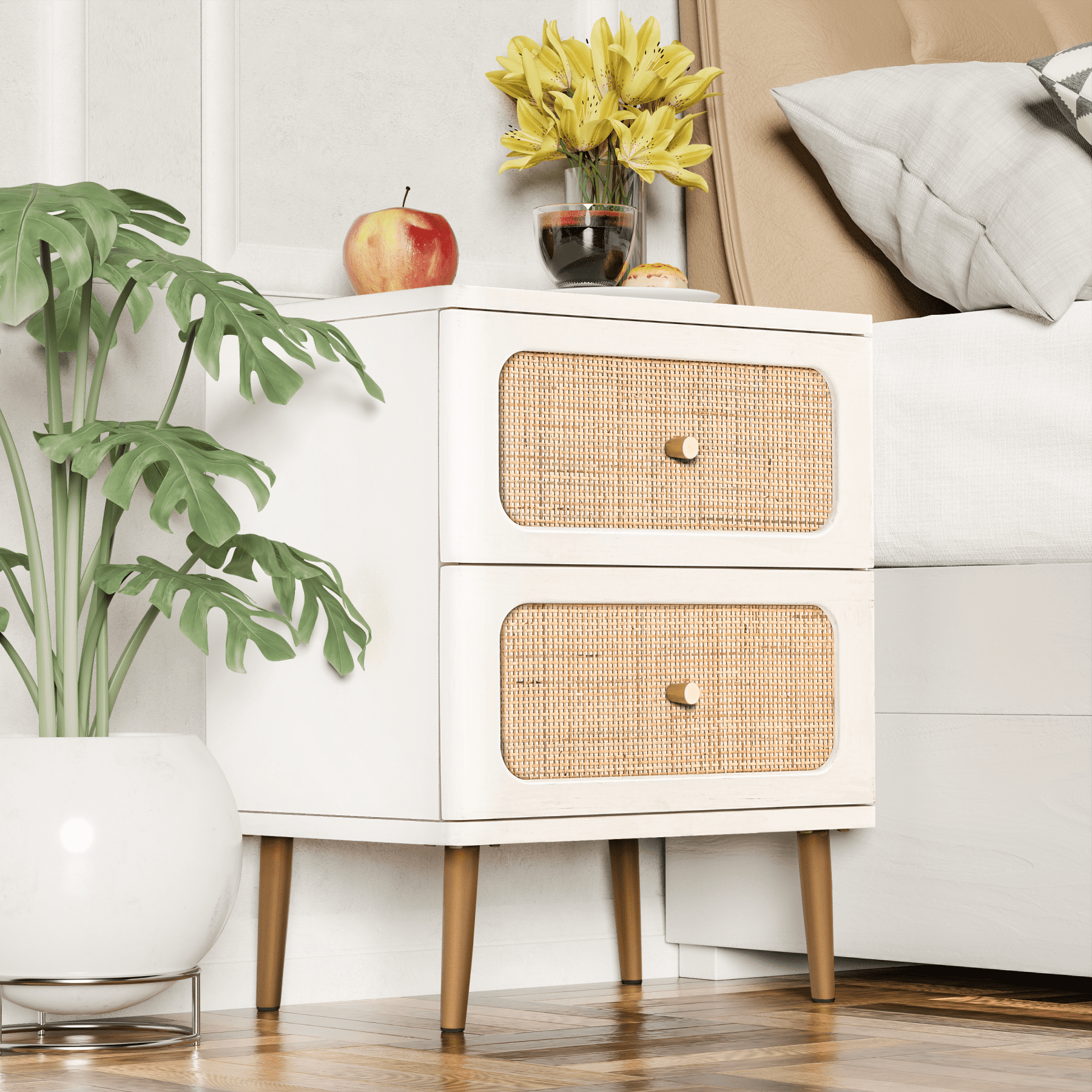 White and Rattan 2-Drawer Nightstand with Brass Hardware