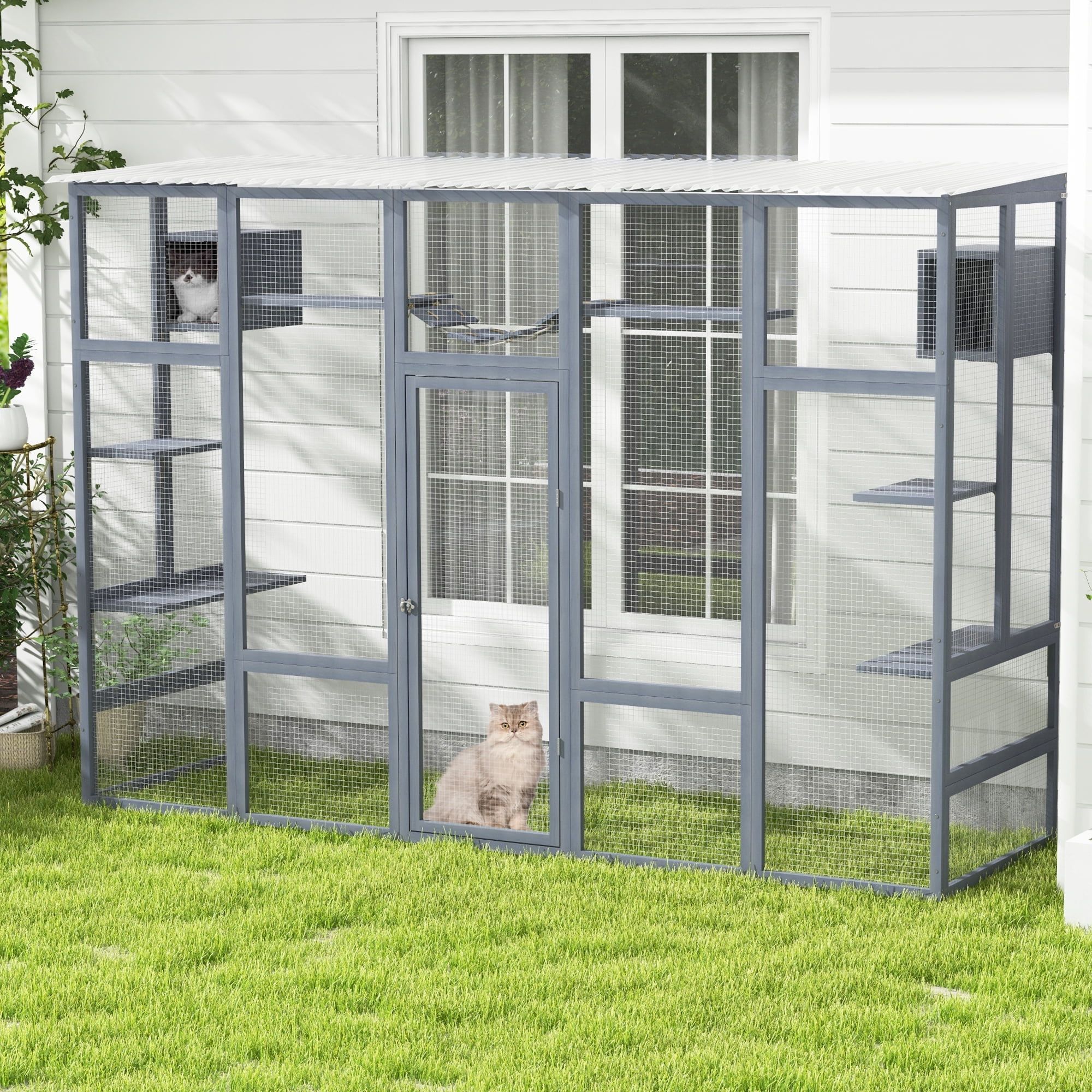 Gray Pine and PVC Large Outdoor Cat Enclosure