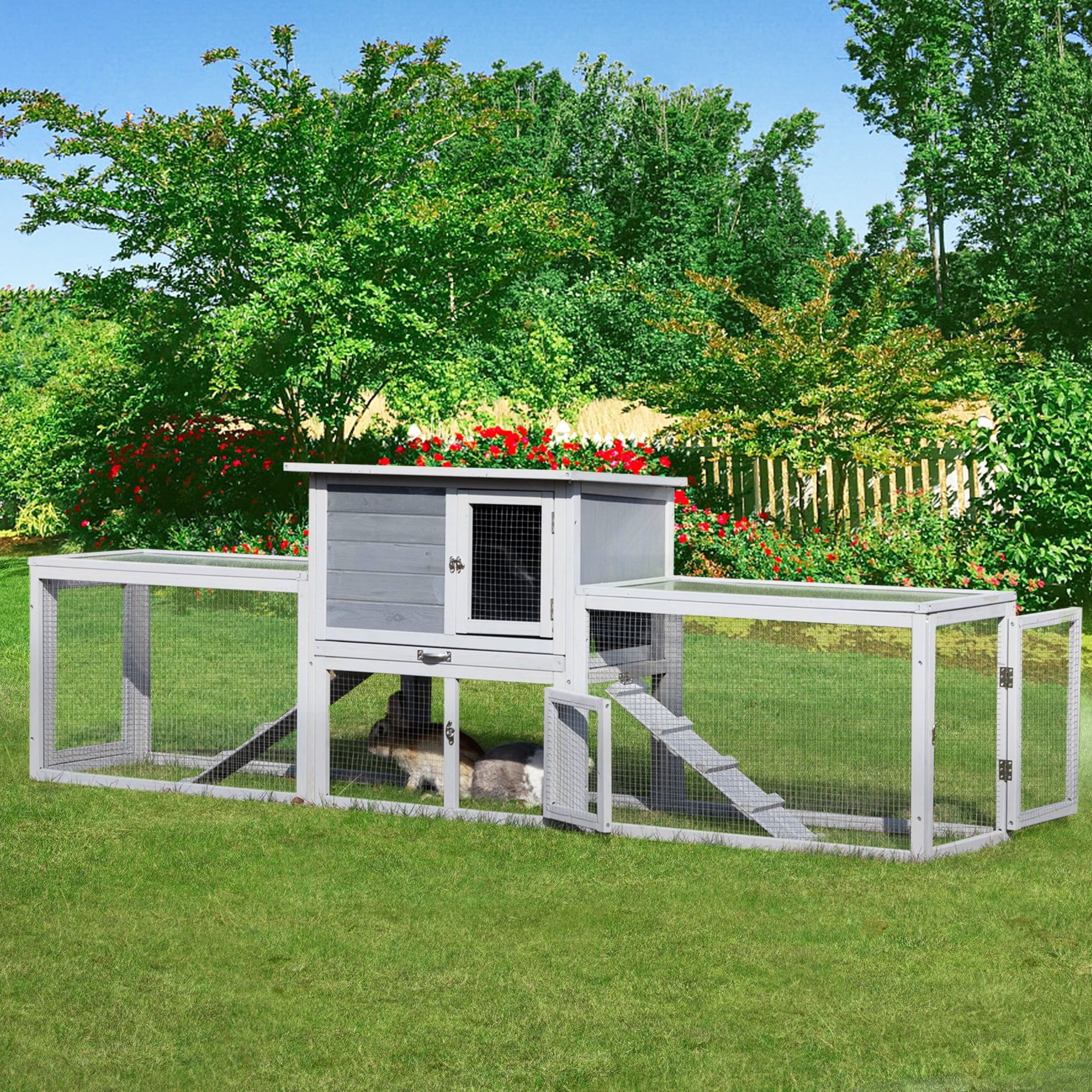 Gray Wooden Large Rabbit Hutch with Play Area and Ramp