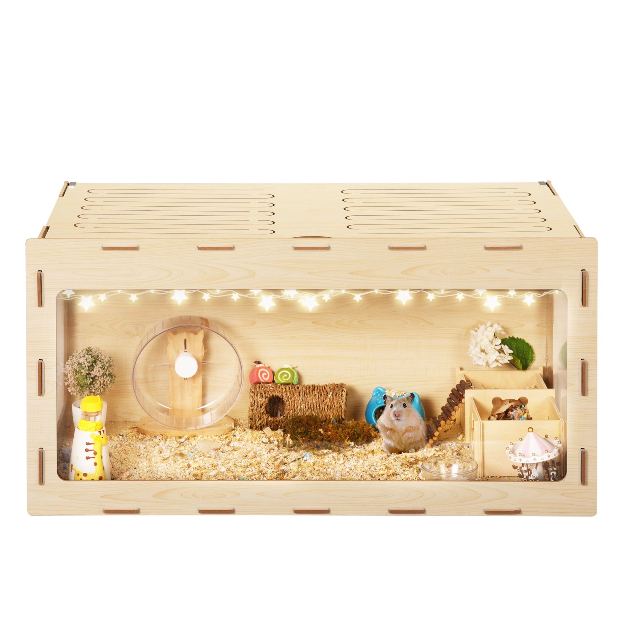 Natural Wood Large Hamster Cage with Acrylic Panels