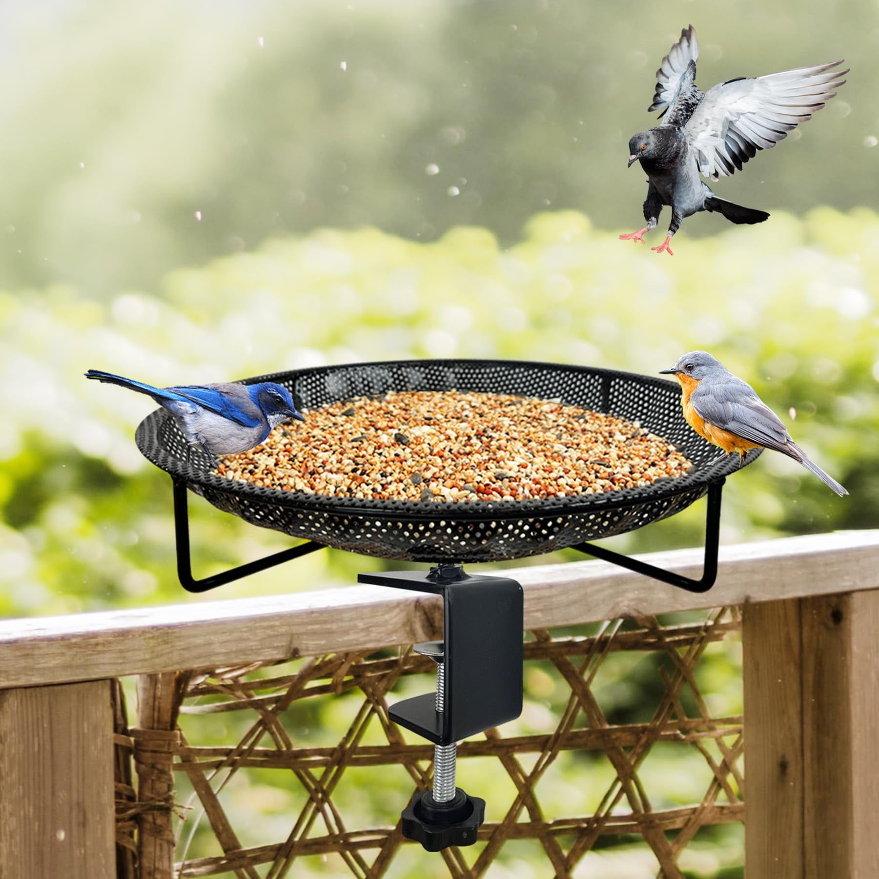 Large Black Stainless Steel Deck Railing Bird Feeder Tray