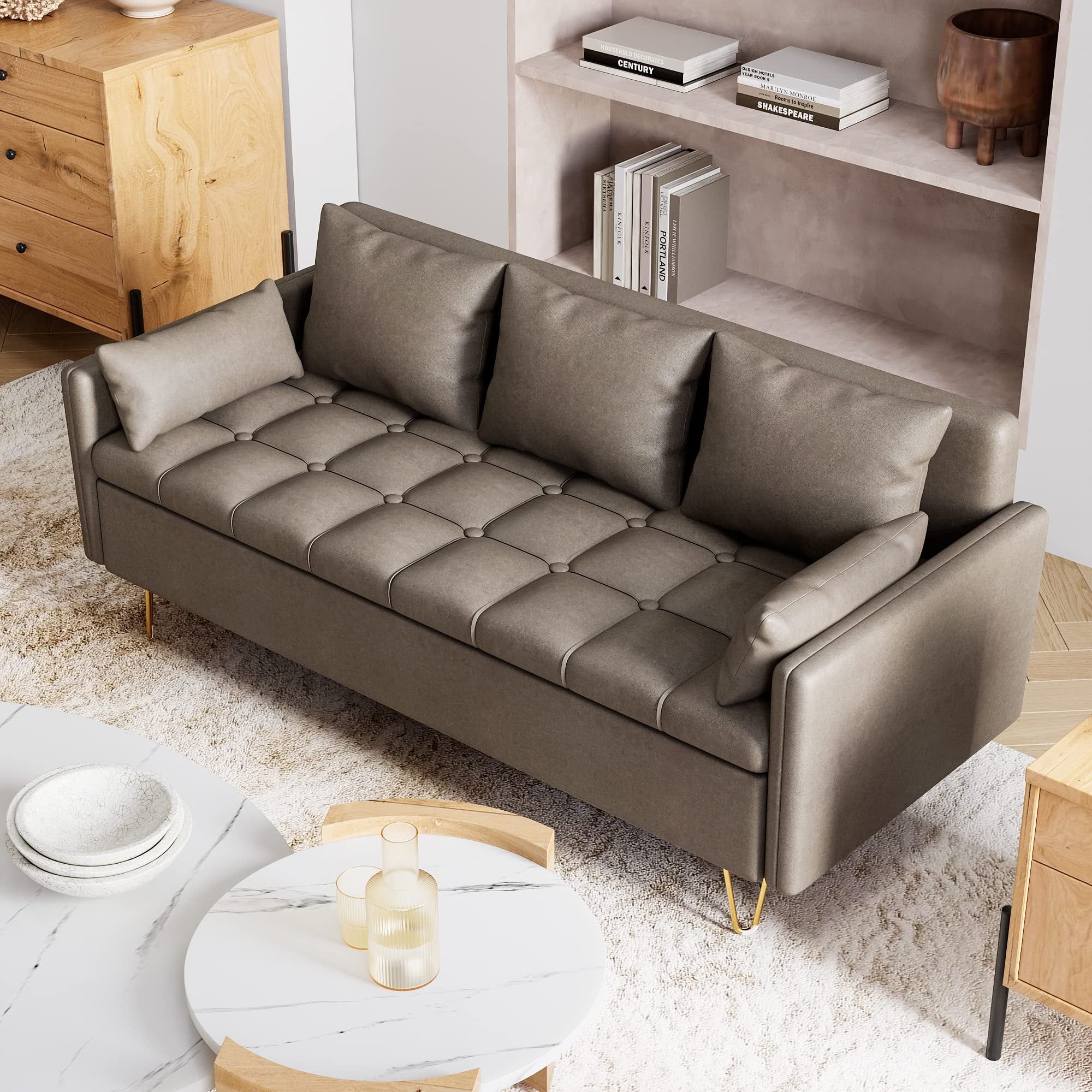 Dark Brown Tufted Faux Leather 3-Seater Sofa with Storage