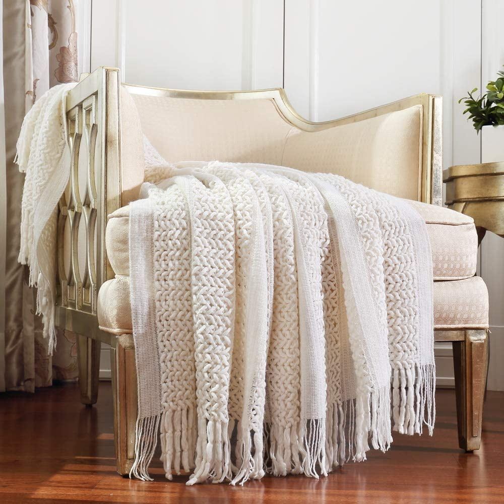 Cream Crocheted Reversible Knit Throw Blanket 50''x60''