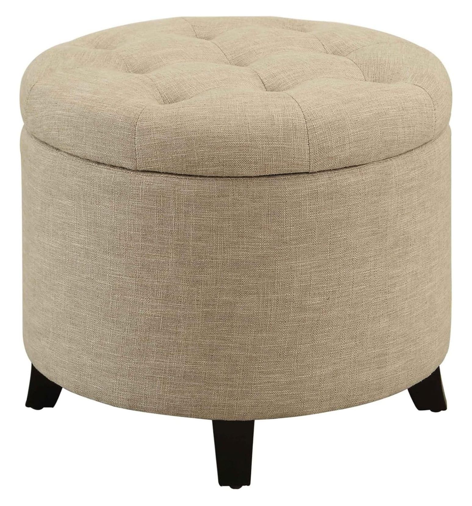 Tan Fabric Tufted Round Ottoman with Concealed Storage, 20"