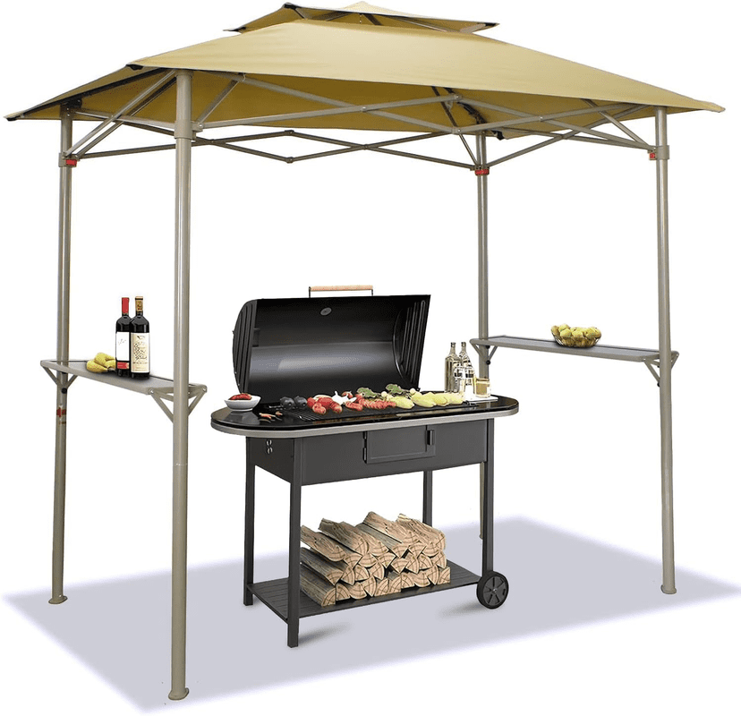 Beige Steel 8x5 Grill Gazebo with Double Tier Canopy and Shelves