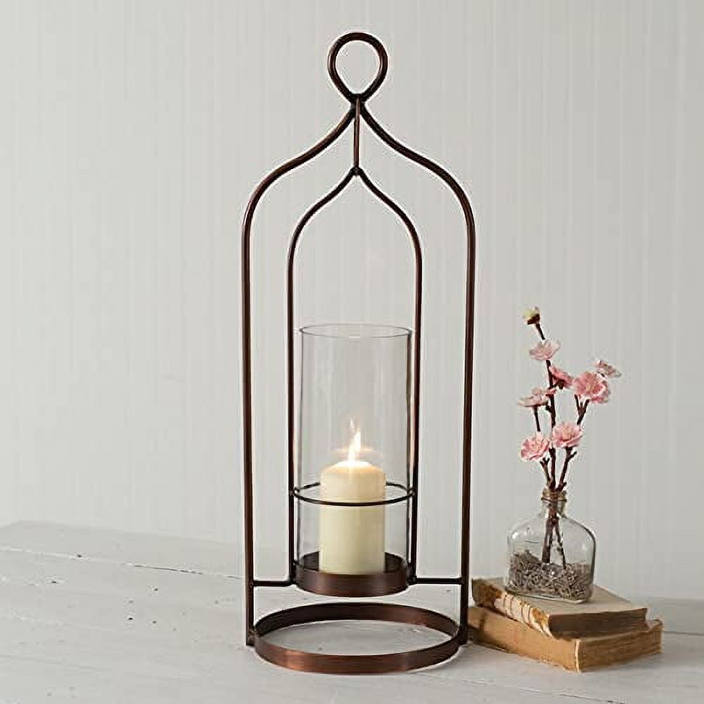 Large Copper Hanging Candle Lantern with Glass Chimney