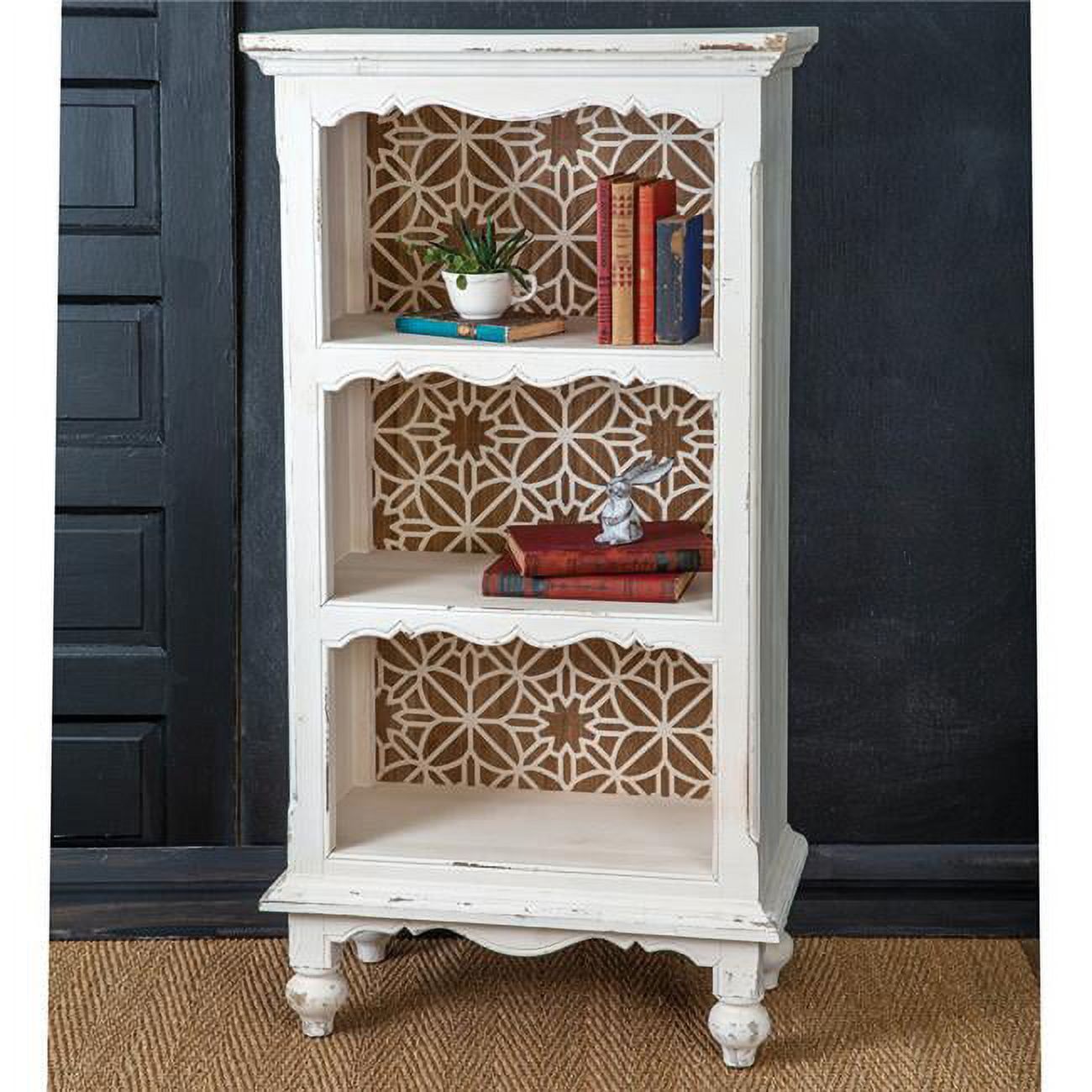 White Distressed Wood Rustic Bookshelf with Patterned Backing