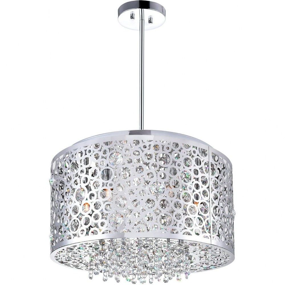 Elegant Chrome Drum Chandelier with Dangling Crystal Accents