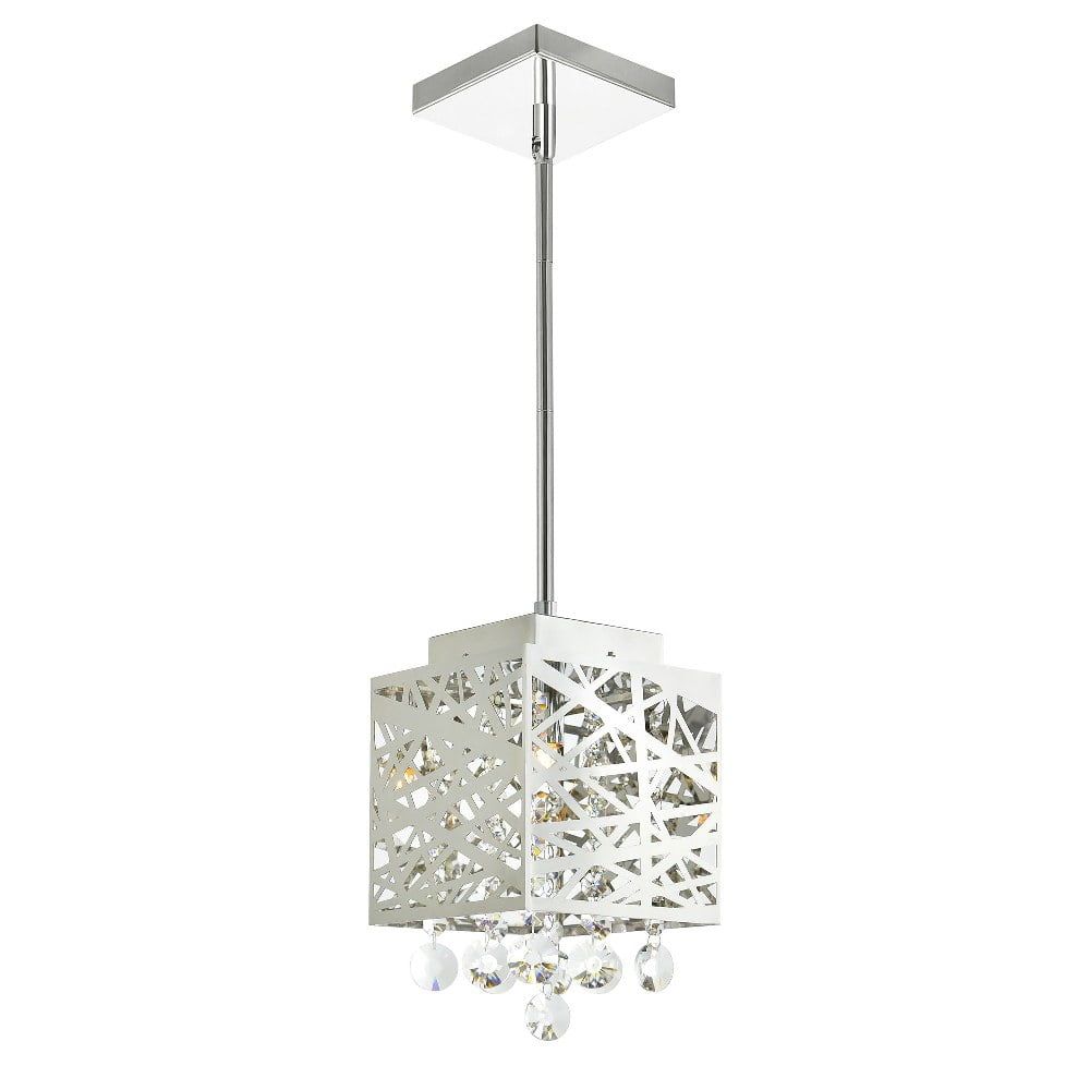 Chrome Mini Drum Pendant with Crystal Drops and LED Light