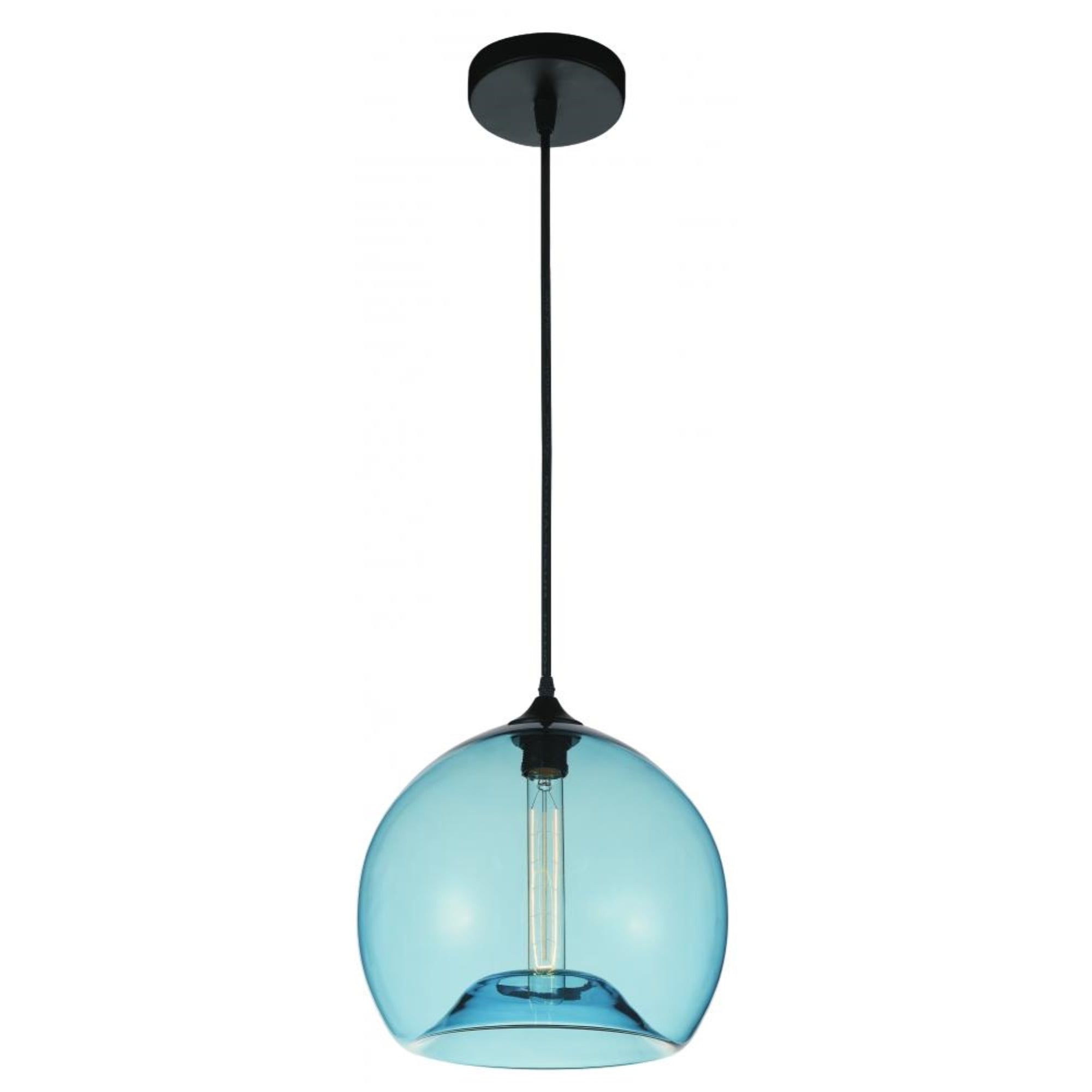 Contemporary Mini Bowl Glass Pendant in Blue with Matte Black Base