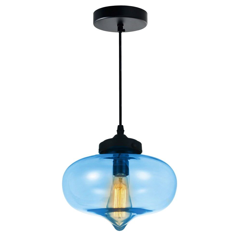 Farmhouse Mini LED Pendant in Matte Black with Fluid Blue Glass Shade