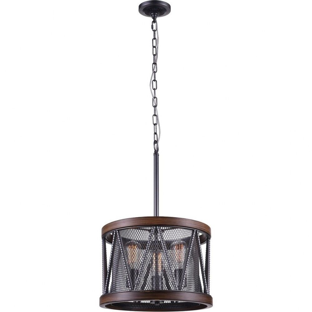 Mini Farmhouse Pewter 3-Light Drum Chandelier with Wood Accents