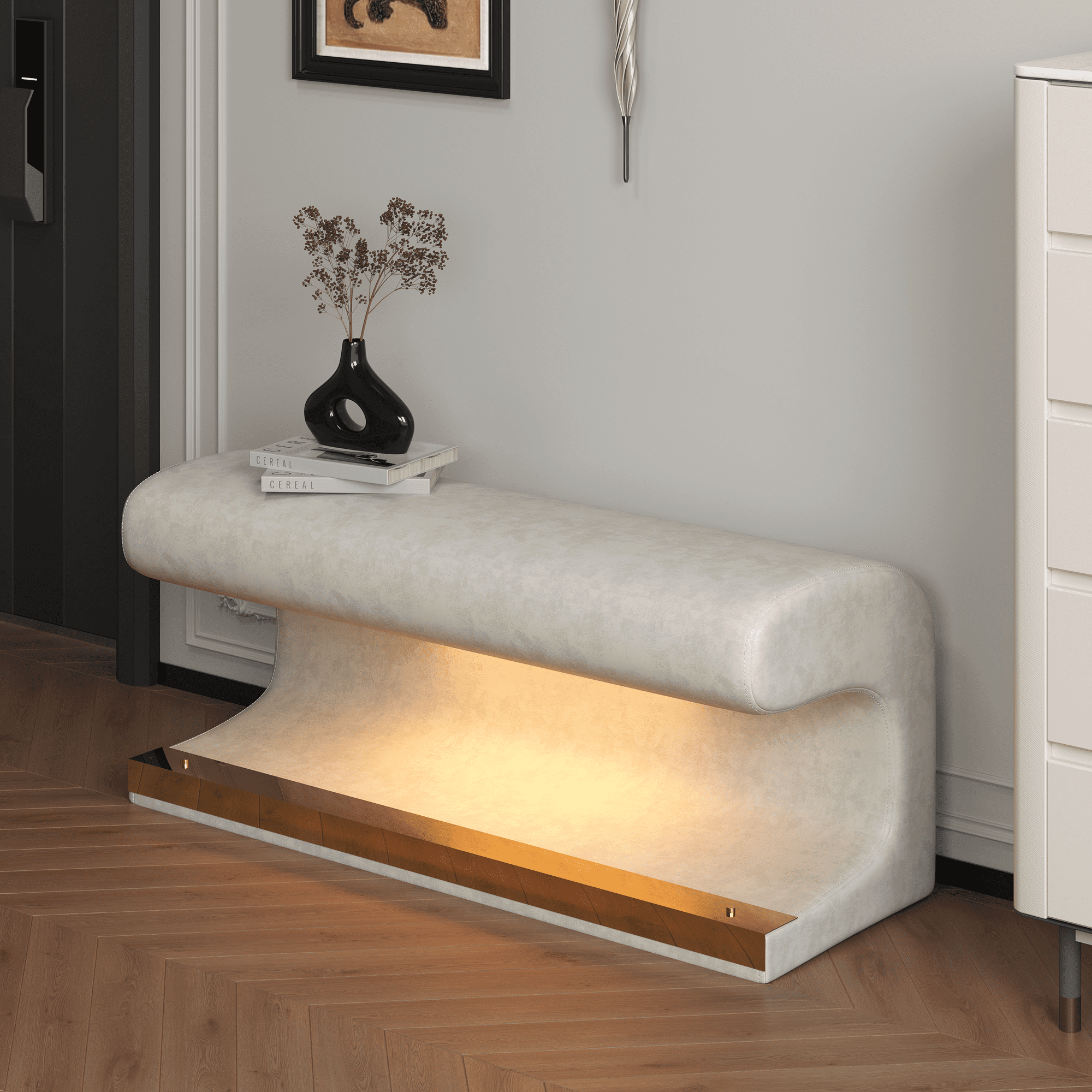 Beige Leather Upholstered Entryway Bench with LED Light