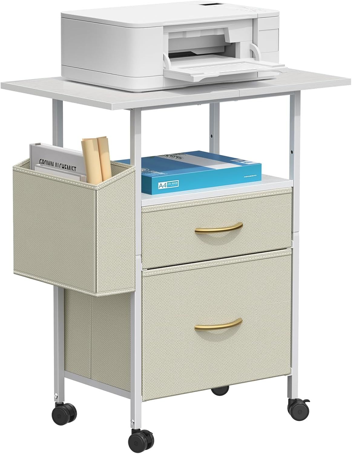 White Mobile Filing Cabinet with 2 Fabric Drawers and Side Bag