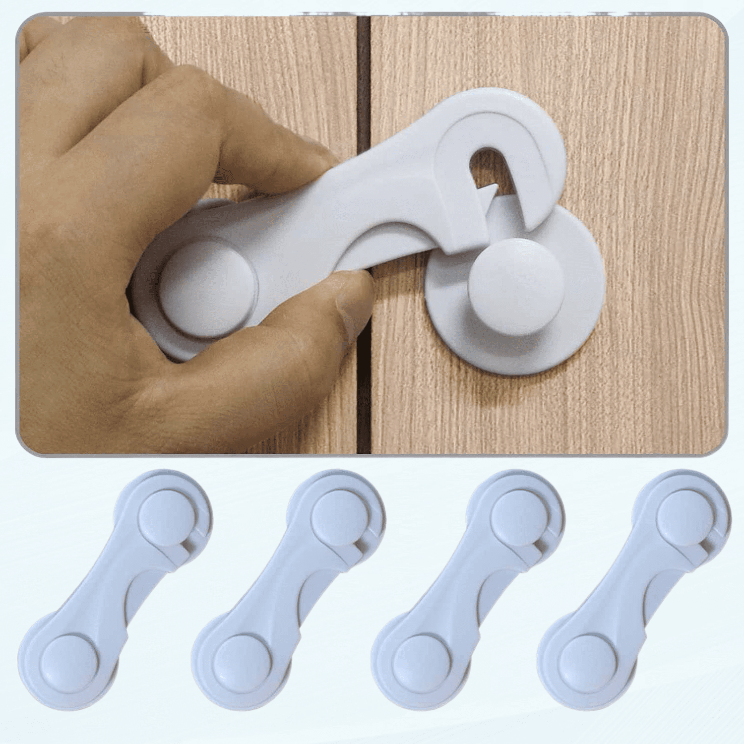 White Adhesive Childproof Cabinet and Drawer Latches, 4 Pack