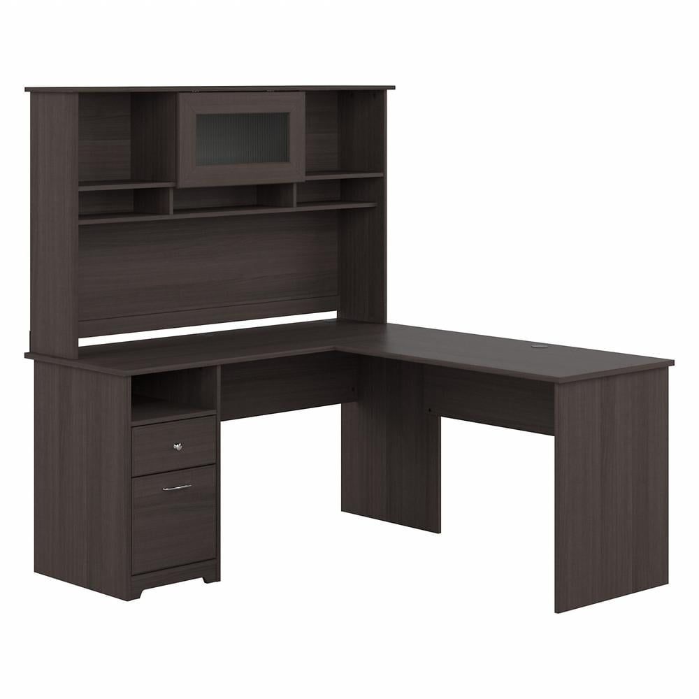 Heather Gray Wood L-Shaped Computer Desk with Hutch and Filing Cabinet