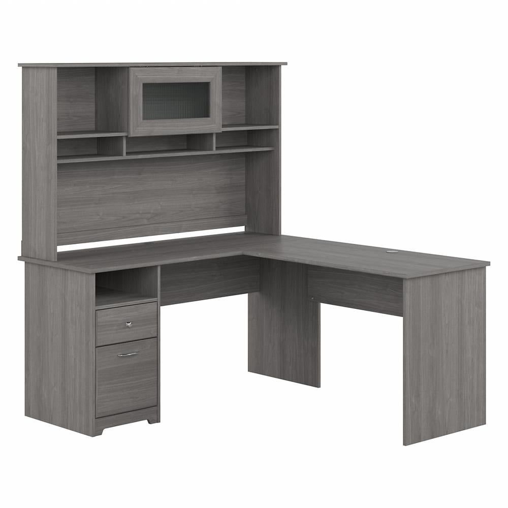 Modern Gray L-Shaped Computer Desk with Hutch and Drawers