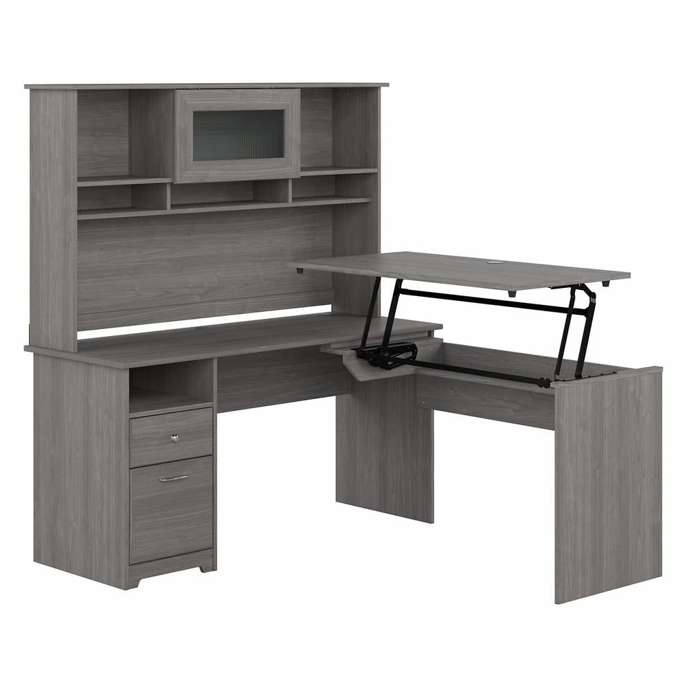 Modern Gray Adjustable Height L-Shaped Desk with Hutch and Filing Cabinet