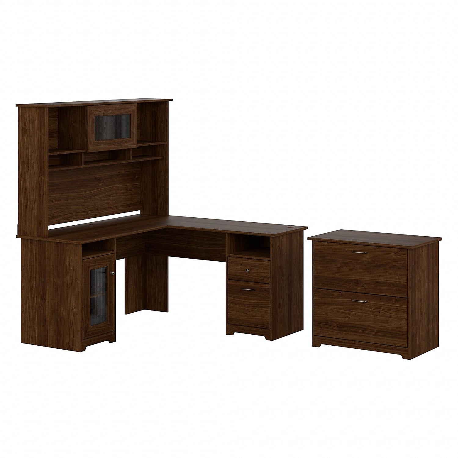 Modern Walnut Engineered Wood L-Shaped Desk with Hutch and File Cabinet