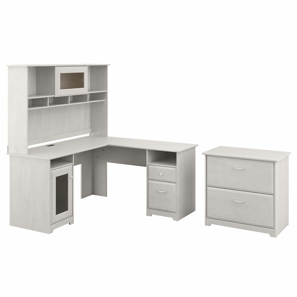 Linen White Oak L-Shaped Desk with Hutch and File Cabinet