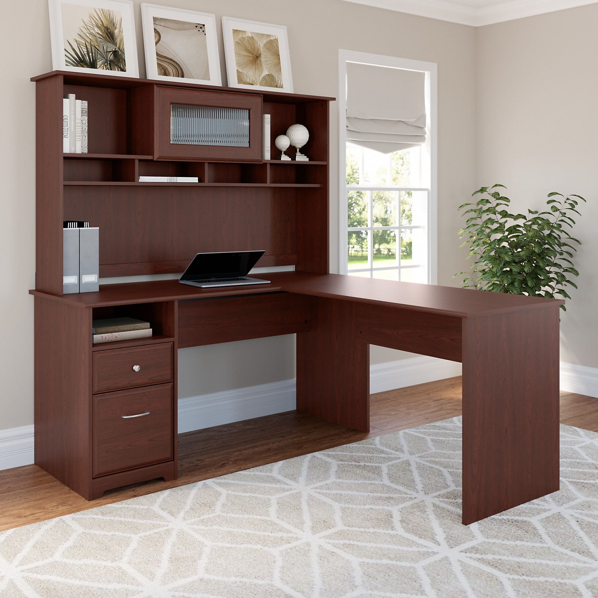 Harvest Cherry L-Shaped Desk with Hutch and Filing Cabinet