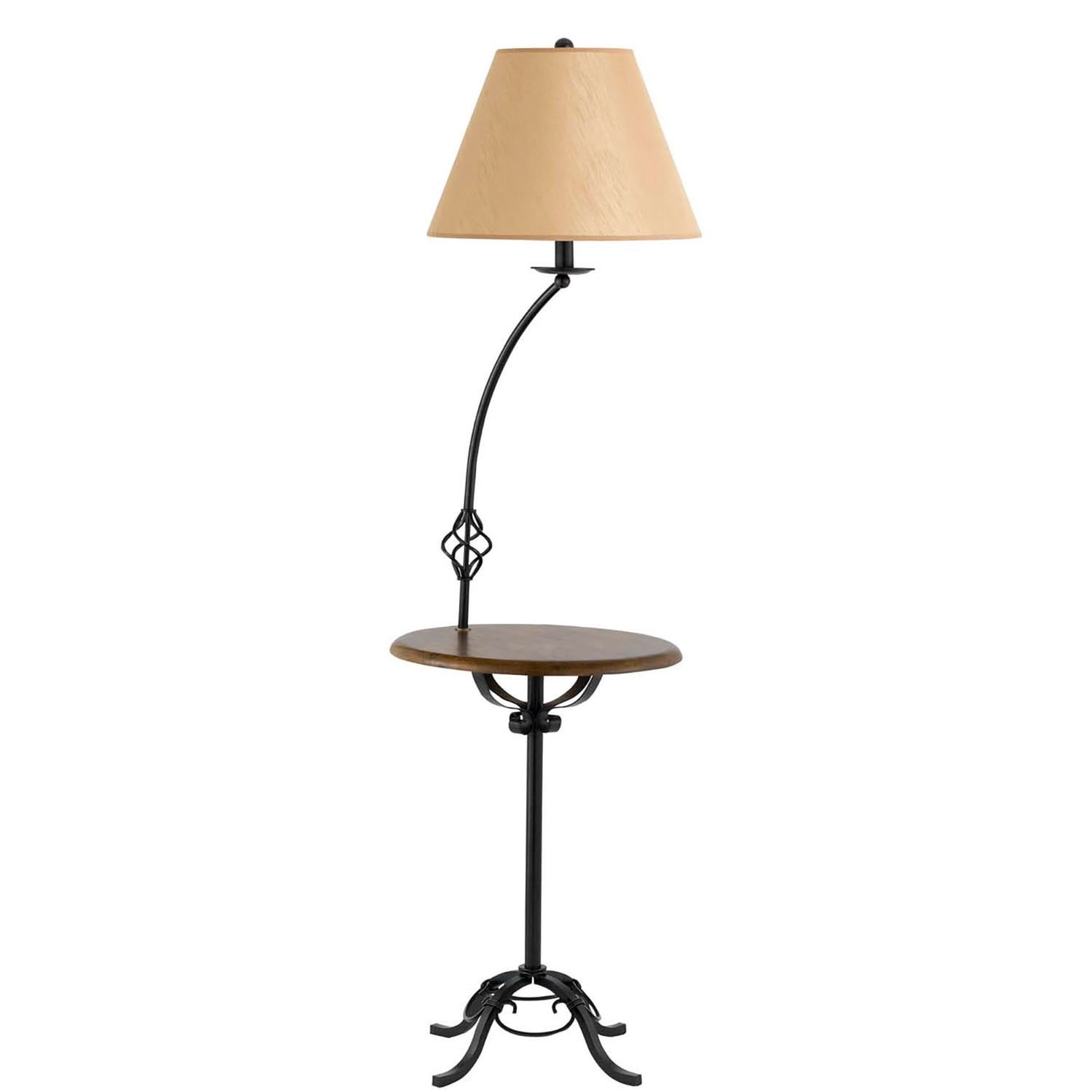 Black Iron Floor Lamp with Wood Tray Table and Fabric Shade