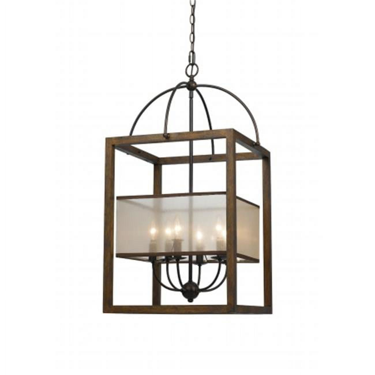 Rustic Dark Bronze and Wood Rectangular Chandelier