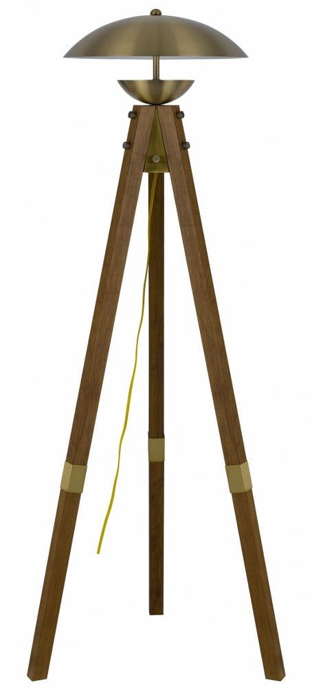 Lakeland Antique Brass Tripod Floor Lamp with Wood Finish