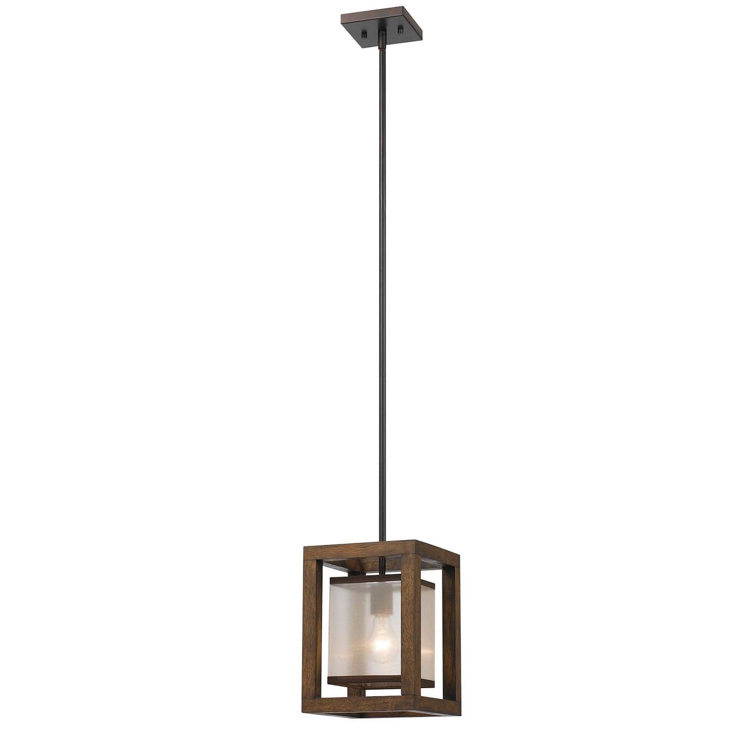 Dark Wood and Bronze Mini Pendant Light with Organza Shade