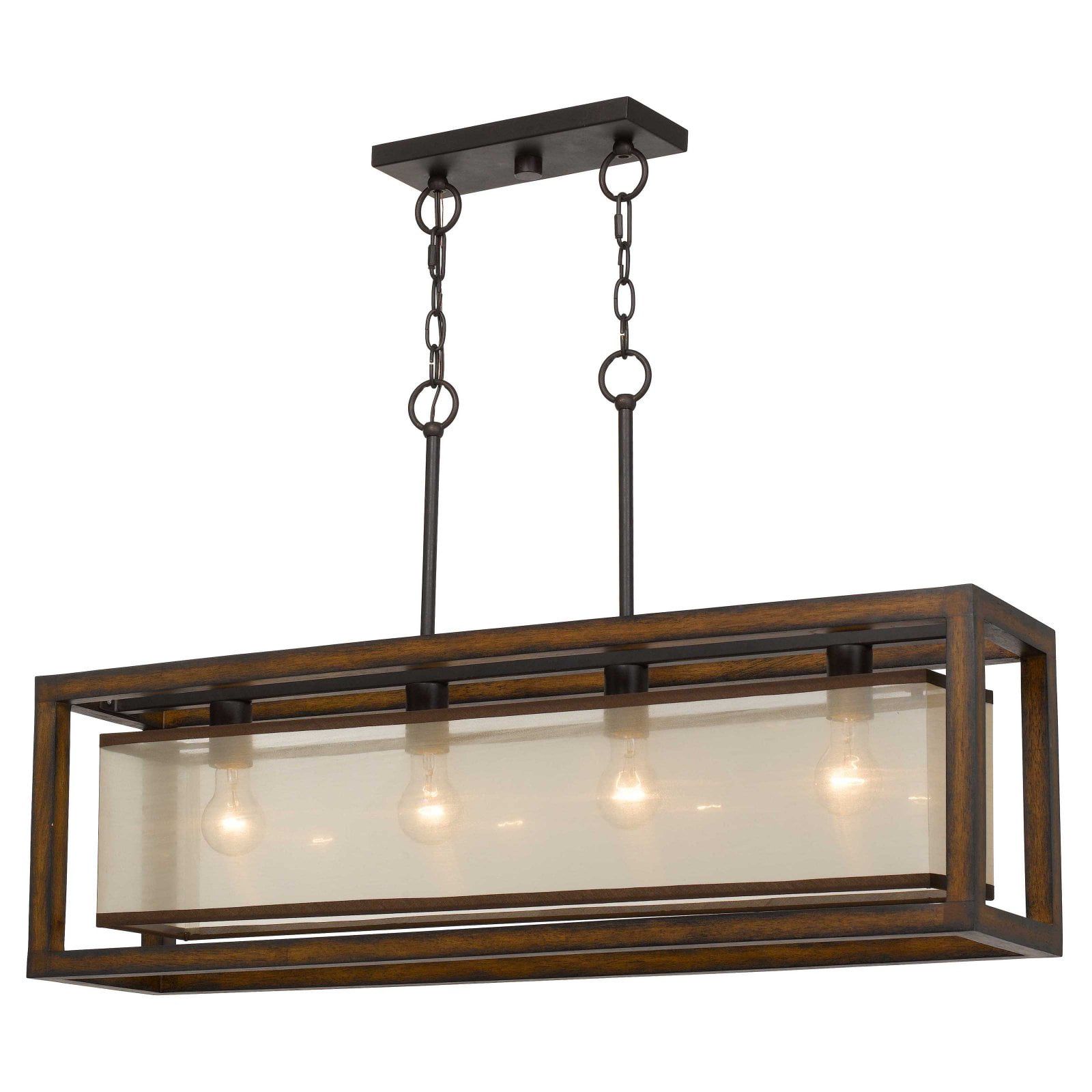 Bronze and Wood Rectangular 4-Light Chandelier